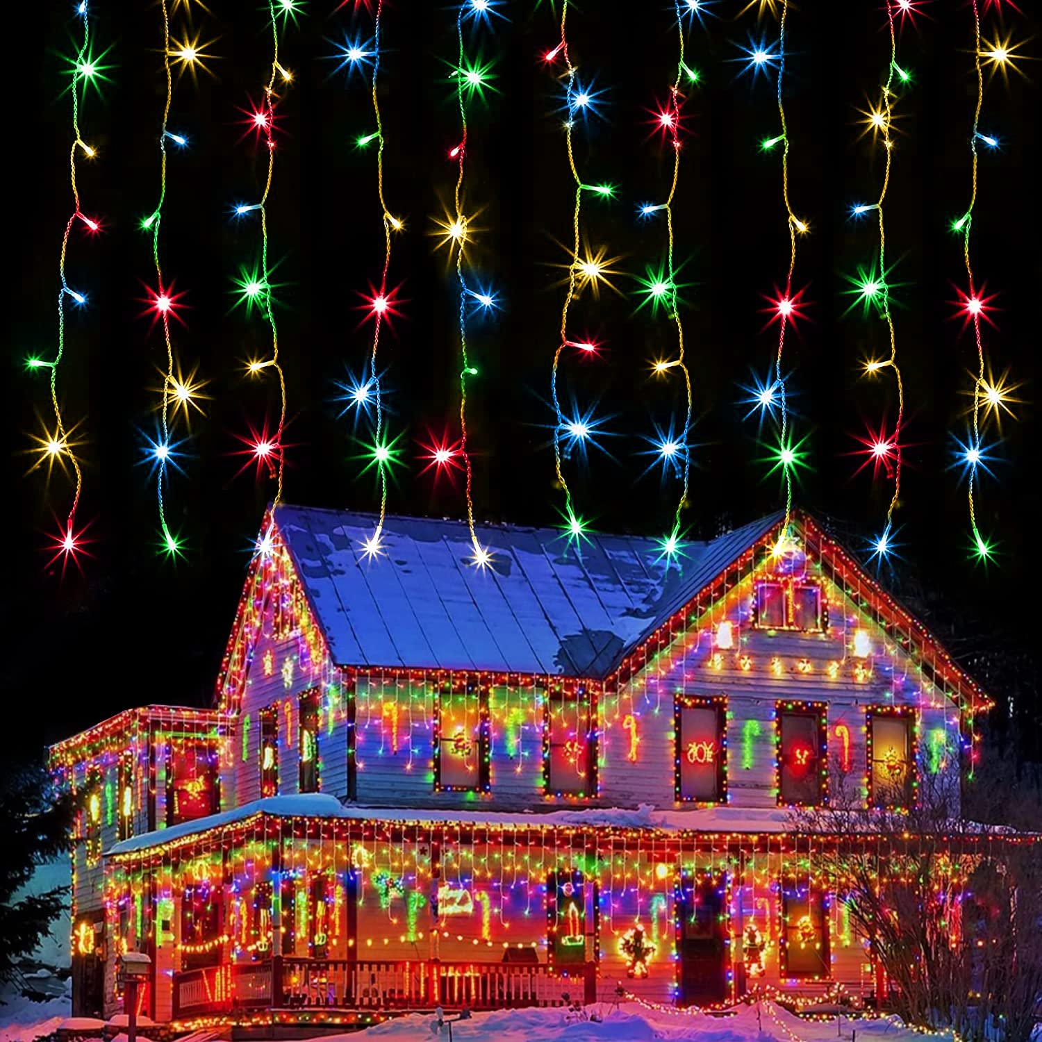 400 LED 26.2FT x 3.3FT Outdoor Christmas Lights - Connectable Hanging Curtain Lights with 8 Lighting Modes for Holiday Decor, Bedroom Wall, Party & Garden Decoration (Multicolor) - Perfect for Christmas Tree, Patio, Wedding & Backyard Lighting