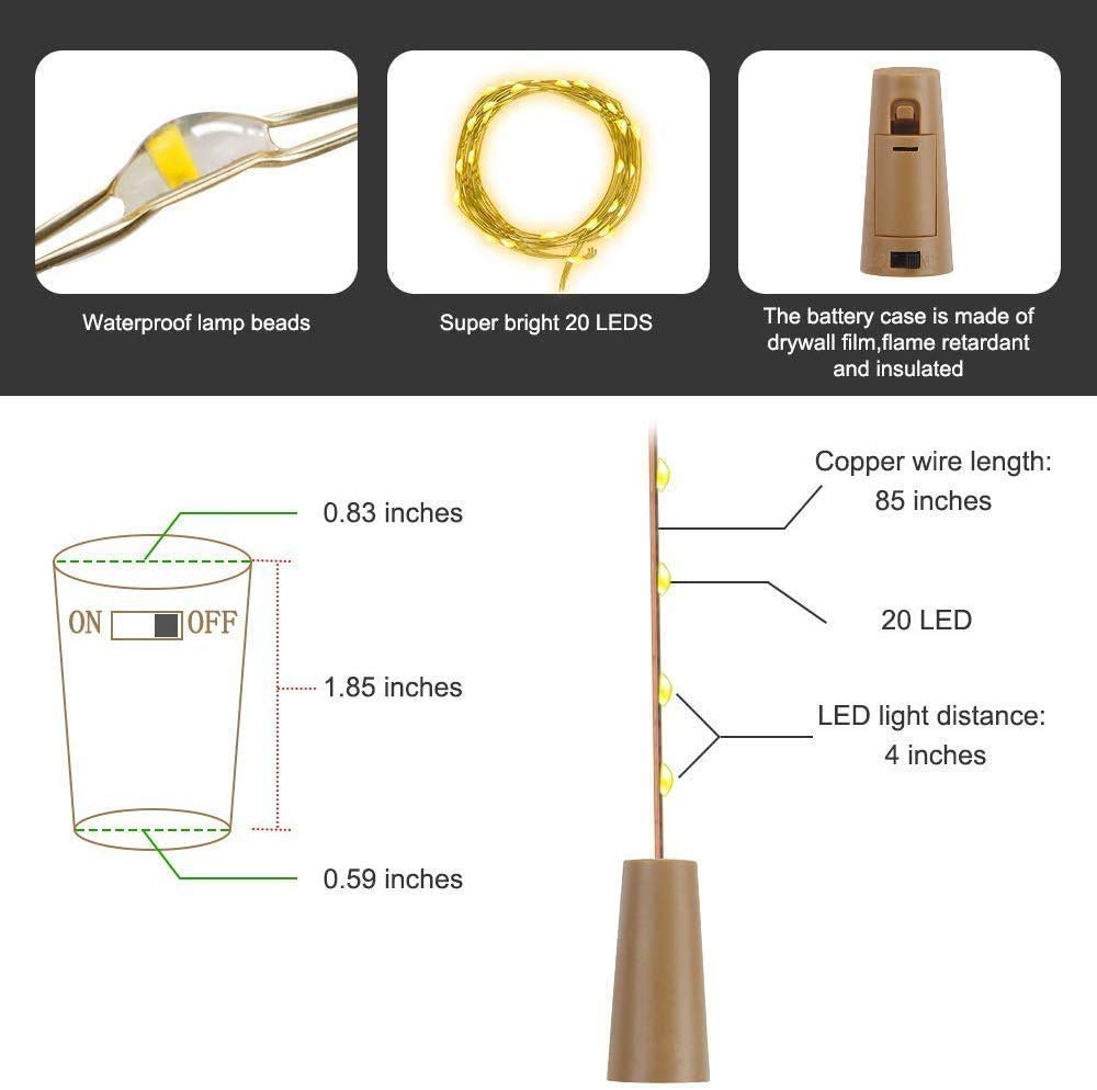 Unihoh 12 Pack Wine Bottle Fairy Lights with Cork - 2M 20 LEDs Battery Operated Copper Wire String Lights for DIY Party, Christmas, Wedding Decorations | Indoor & Outdoor Use - Cool White | Perfect for Holiday Centerpieces, Table Settings, and Romantic Ambiance