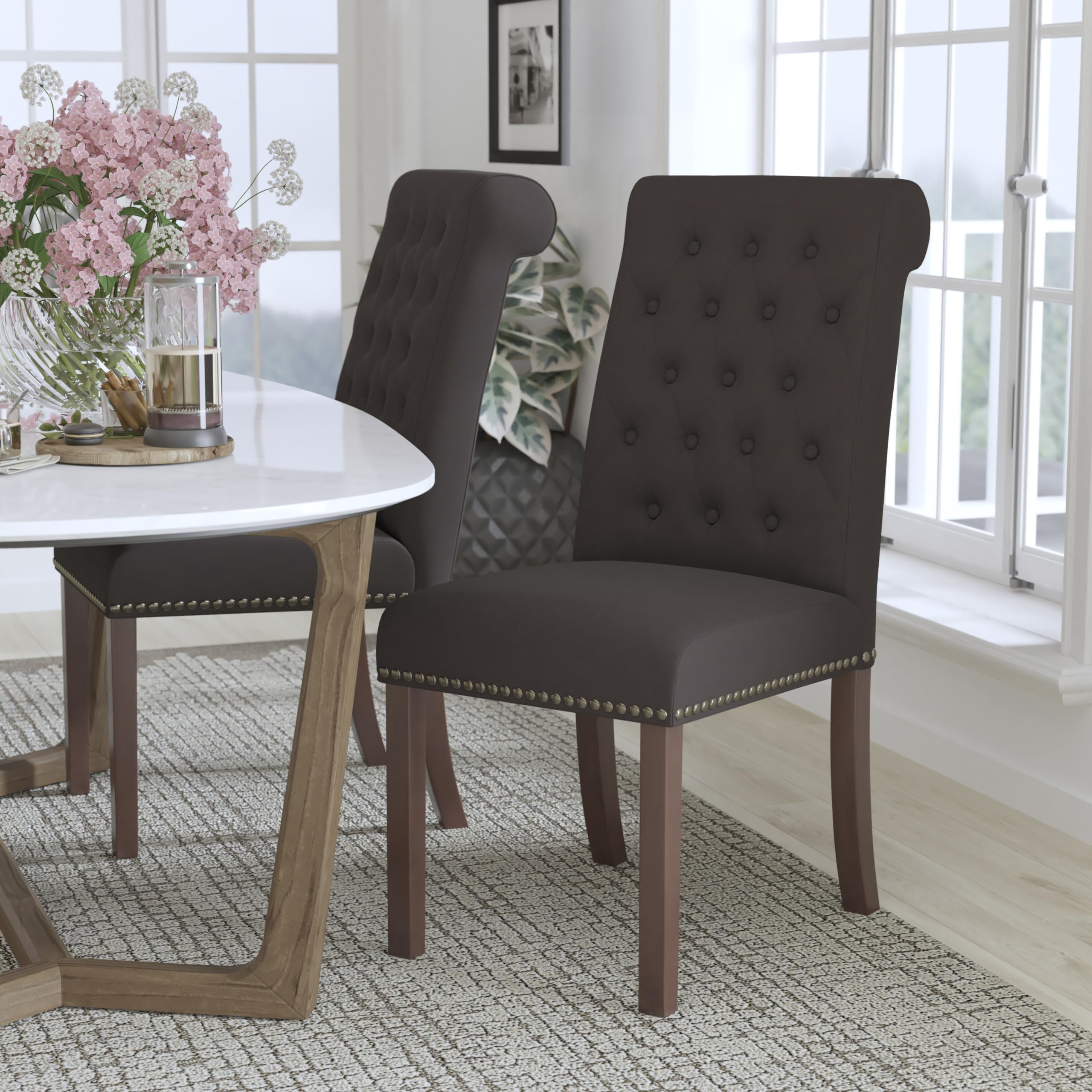 EMMA + OLIVER Brown Fabric Parsons Chair with Rolled Back & Nail Trim - Modern Dining Room Accent Chair for Kitchen, Office, and Living Room Decor