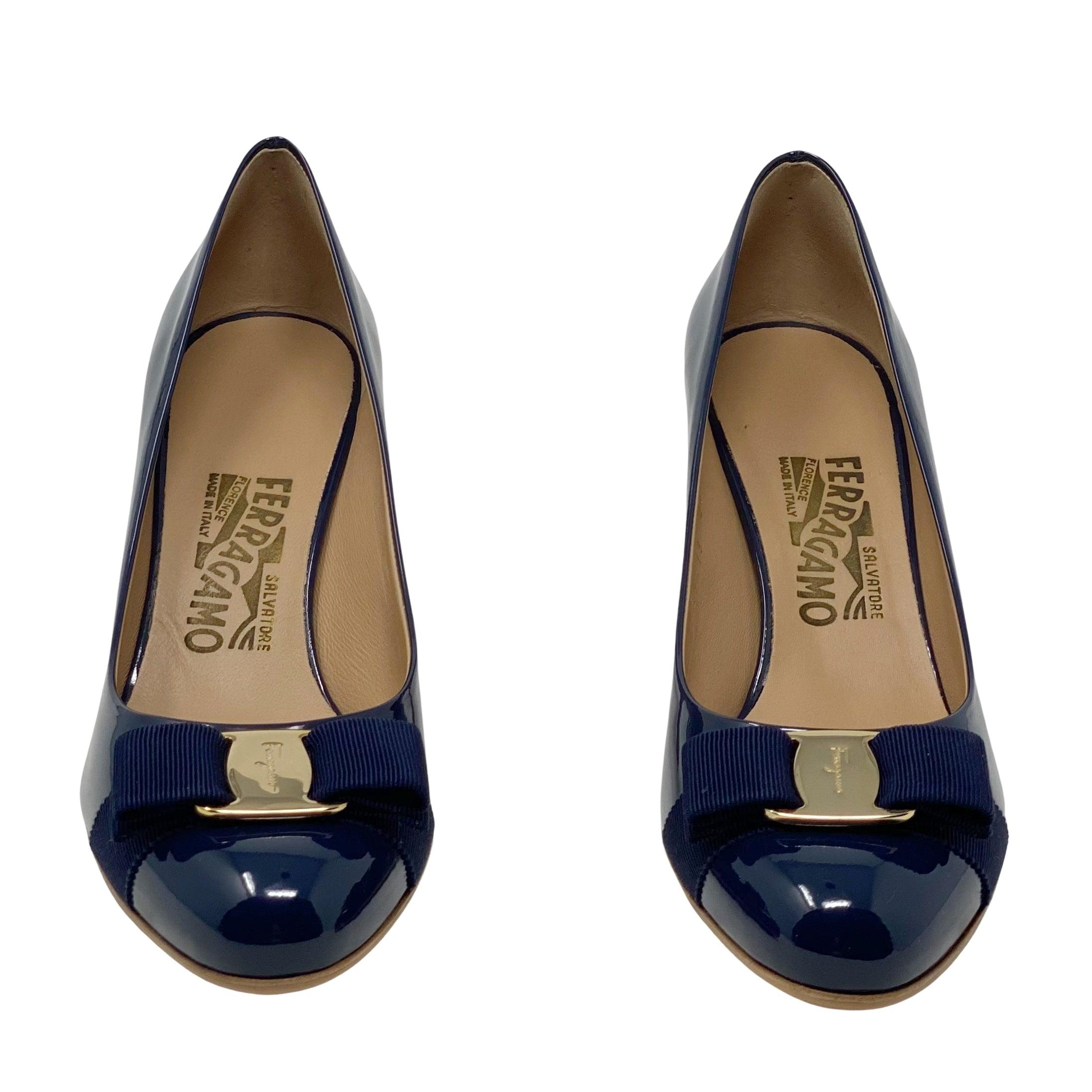 Ferragamo Blue Carla Pumps Women's Heels Size 7C - Elegant Pointed Toe Dress Shoes for Office, Party & Wedding Occasions