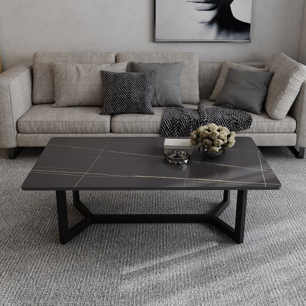 120x60cm Matte Grey Minimalist Slate Coffee Table - Modern Marble Tea Table for Living Room, Rectangle Cocktail Side Table with Solid Metal Legs - Perfect for Small Spaces, Apartments & Lounge Decor