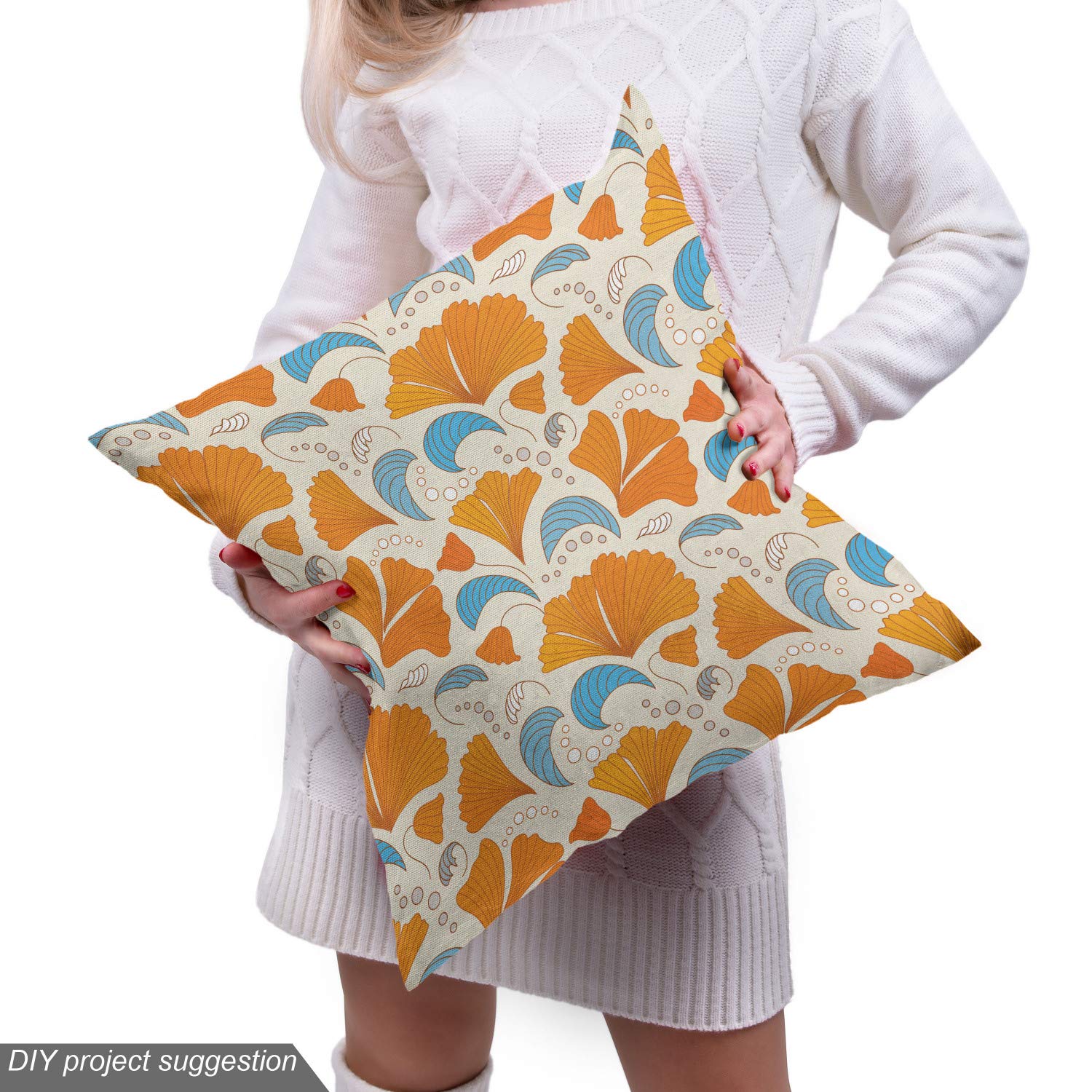 Ambesonne Floral Leaves Fabric by The Yard - Modern Romantic Blossom Petal Design for Upholstery, Curtains & Home Decor | 10 Yards Orange Blue Beige | Perfect for DIY Projects, Sofa Covers & Decorative Pillows