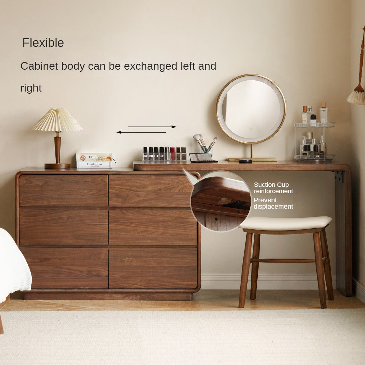 Premium Black Walnut & Golden Sandalwood Solid Wood Extendable Vanity Dressing Table - Perfect for Bedroom Makeup, Beauty Salon & Home Decor