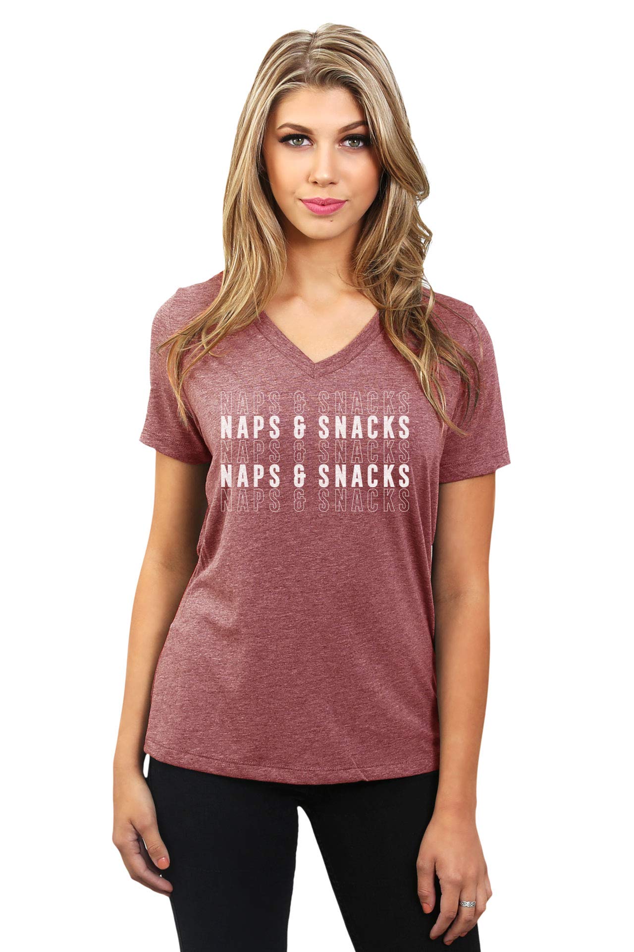 Thread Tank Naps and Snacks Women's Casual V-Neck T-Shirt - Soft Relaxed Fit Tee for Everyday Wear, Lounge & Outings