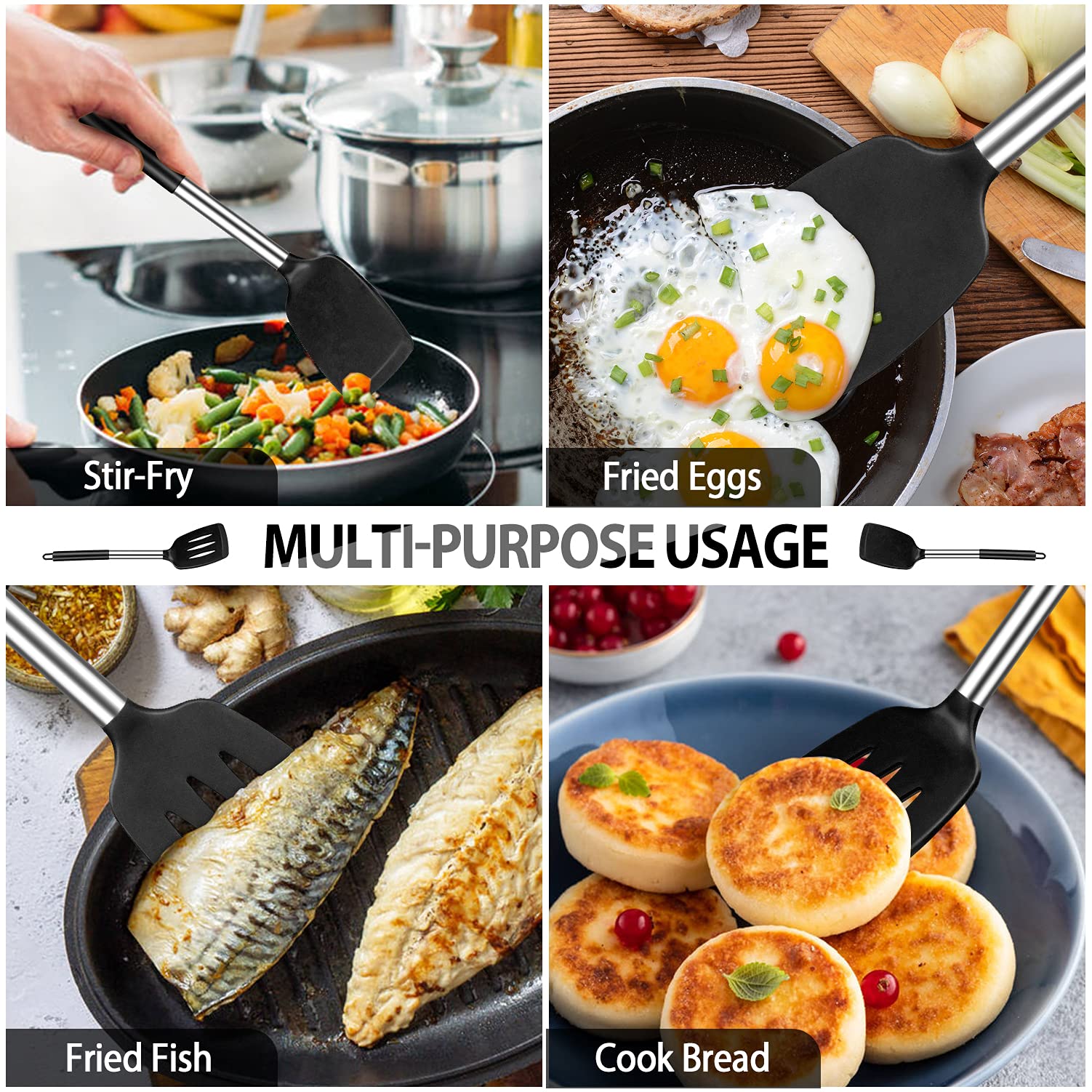 2 Pack Silicone Spatulas Turners - BPA Free Stainless Steel Cooking Utensils Set - Heat Resistant & Non-Stick Kitchen Tools for Flipping Fish, Eggs, Pancakes & Stir-Fry - Perfect for Woks, Pans & Everyday Cooking