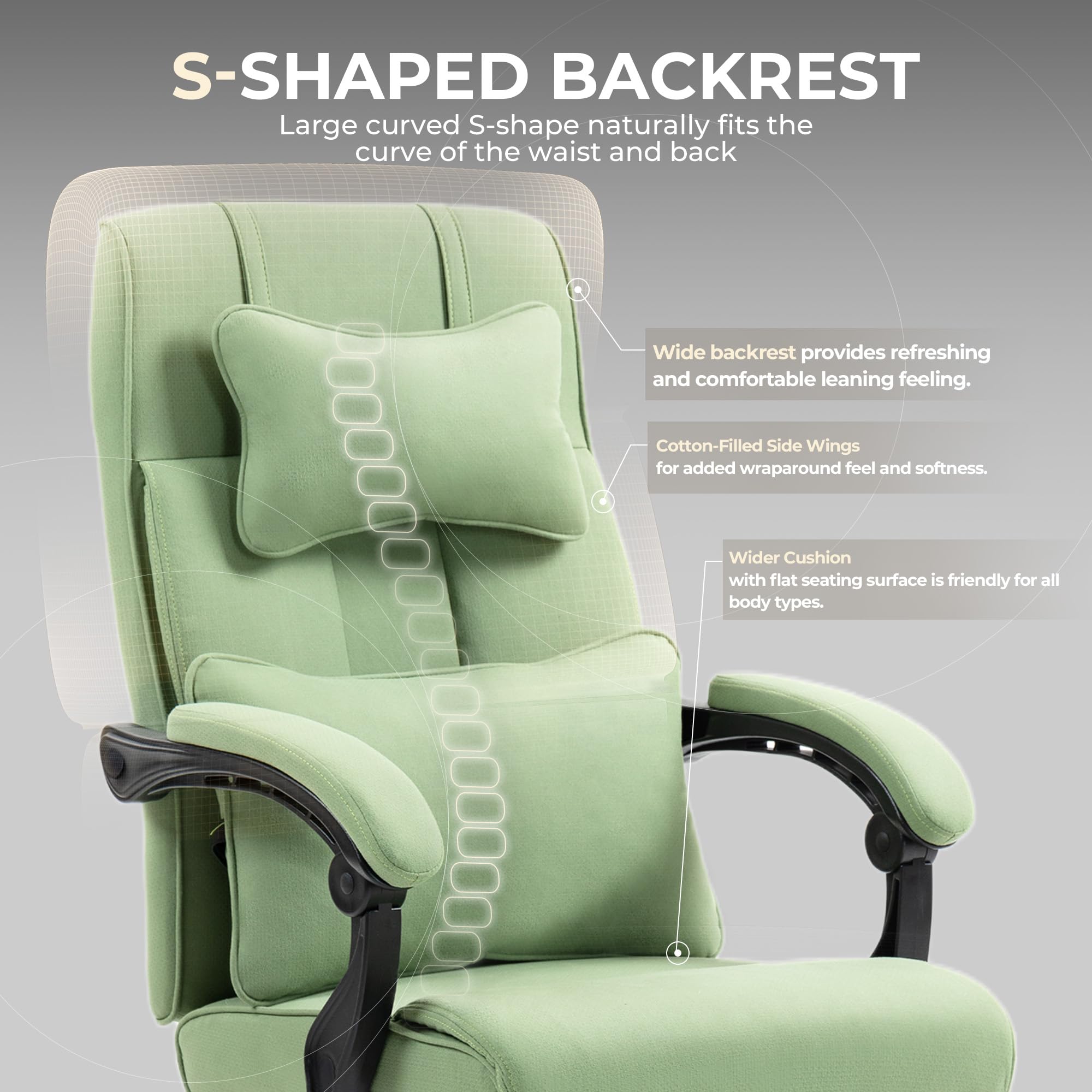 Dowinx Ergonomic Executive Office Chair with Footrest - High Back Computer Desk Chair for Big and Tall Adults up to 350LBS, Reclining Swivel Home Office Gaming Chair in Green Fabric - Perfect for Long Work Hours, Gaming Sessions and Home Office Comfort