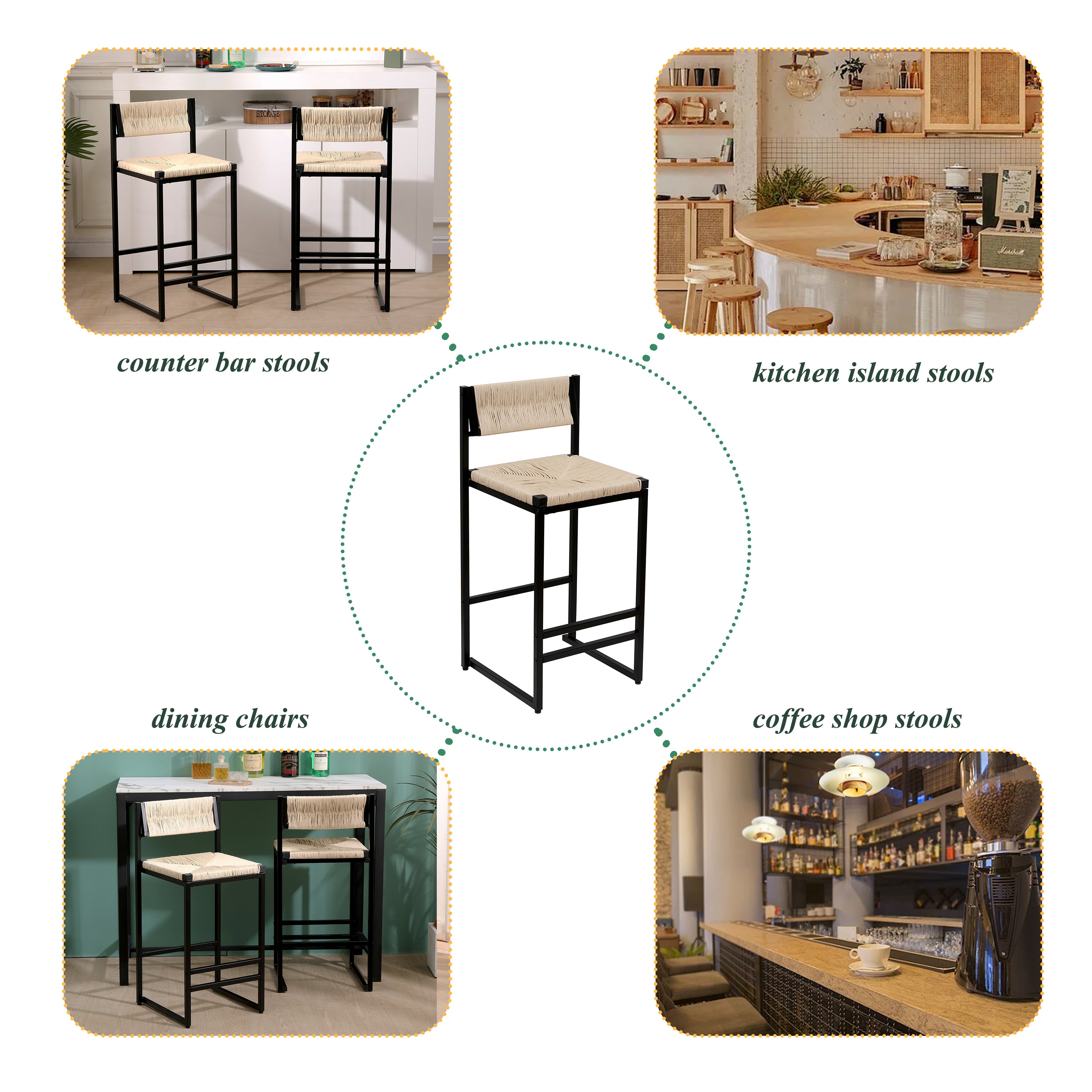Handwoven Creamy White Paper Rope Bar Stools Set of 2 with Footrest - Natural Woven Counter Height Stools for Kitchen Island, Dining Room, Breakfast Nook & Patio Decor