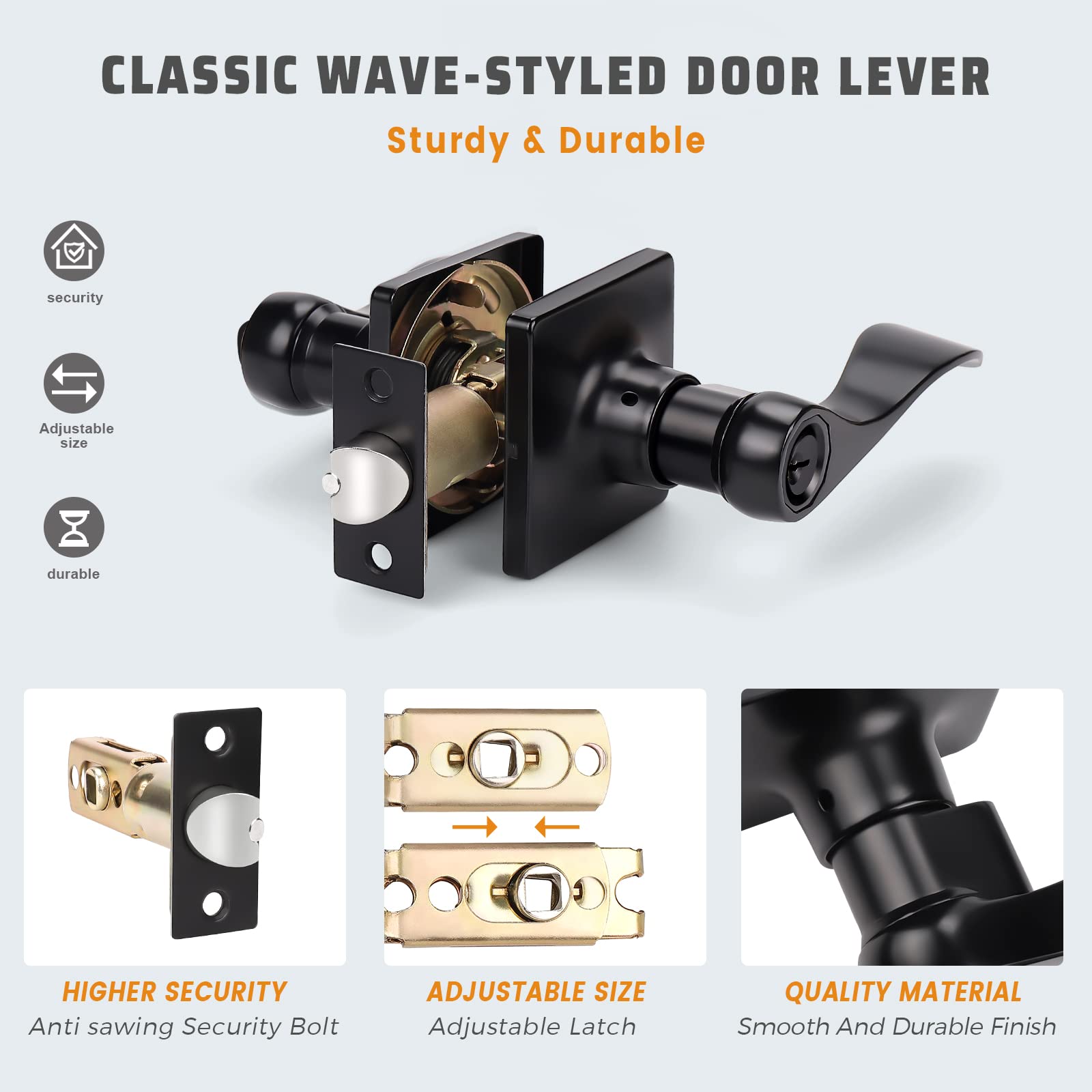 KNOBWELL 3 Pack Matte Black Door Handle Sets with Lock - Interior & Exterior Lever Handles for Front Doors, Bedrooms, Bathrooms - Keyed Entry for Home Security & Privacy