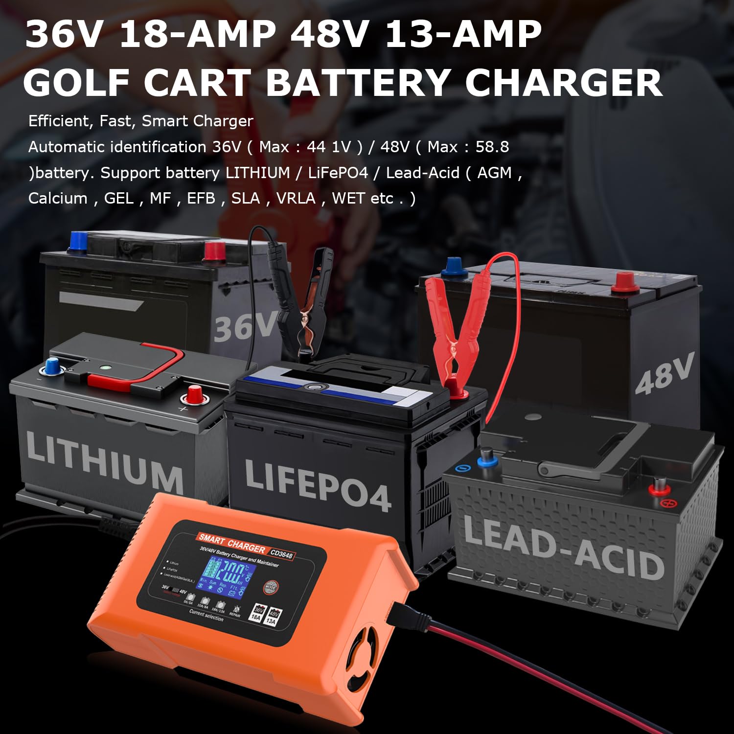 48V 13A & 36V 18A Smart Golf Cart Battery Charger for Club Car - 3-Pin Round Plug, Auto Trickle Charger & Maintainer for LiFePO4 Lithium & Lead-Acid AGM/Gel/SLA Batteries - Perfect for Golf Carts, RVs & Marine Vehicles