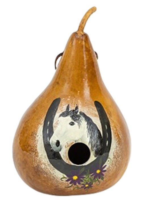 Amish Hand-Painted Gourd Birdhouse with Horse & Horseshoe Design - Rustic Outdoor Garden Decor for Backyard, Patio & Farmhouse Style
