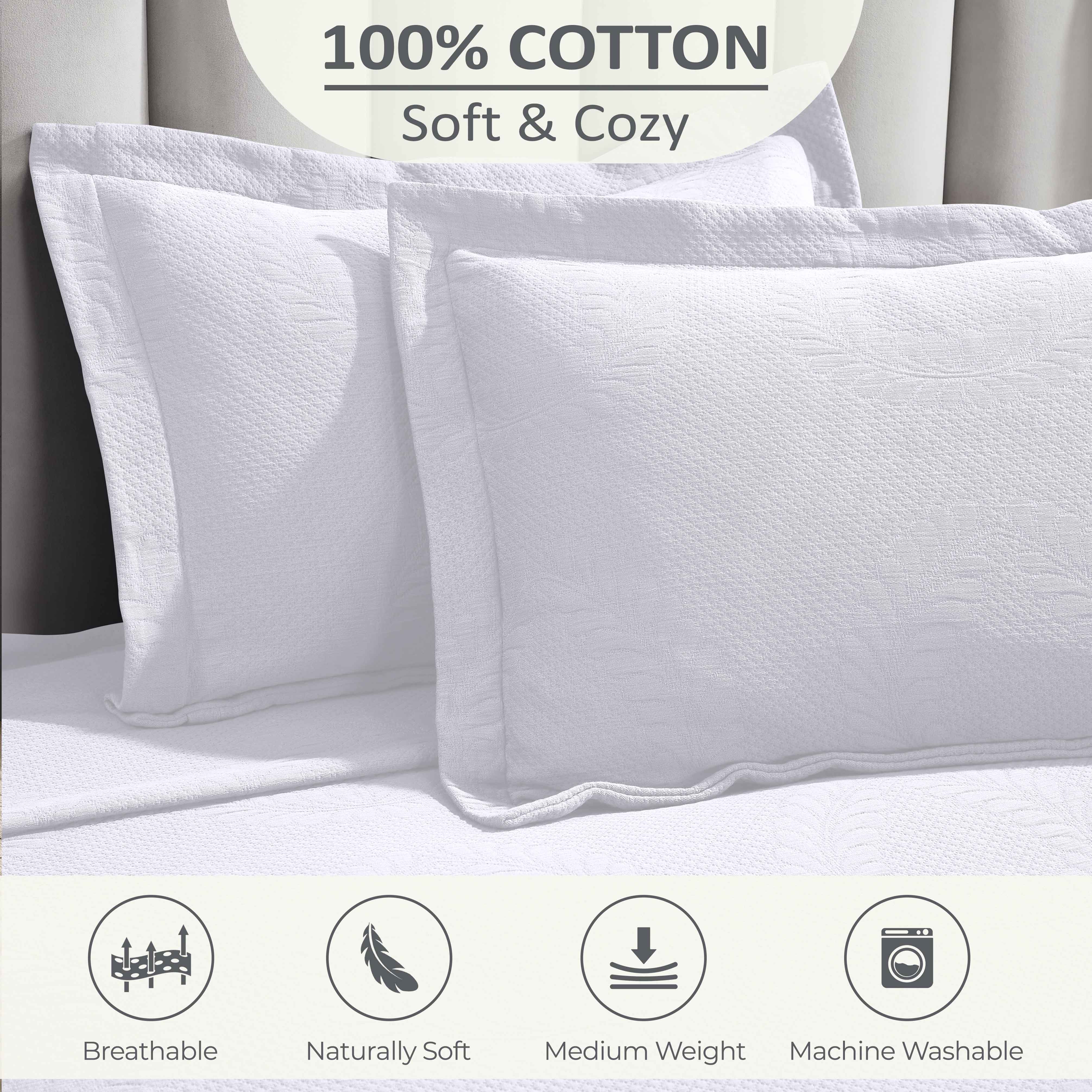 Peploi Cotton Medium Weight Matelasse Bedspread and Sham Set - Queen Size, White Textured Bed Cover with Matching Shams - Perfect for Master Bedroom, Guest Room & Hotel Decor