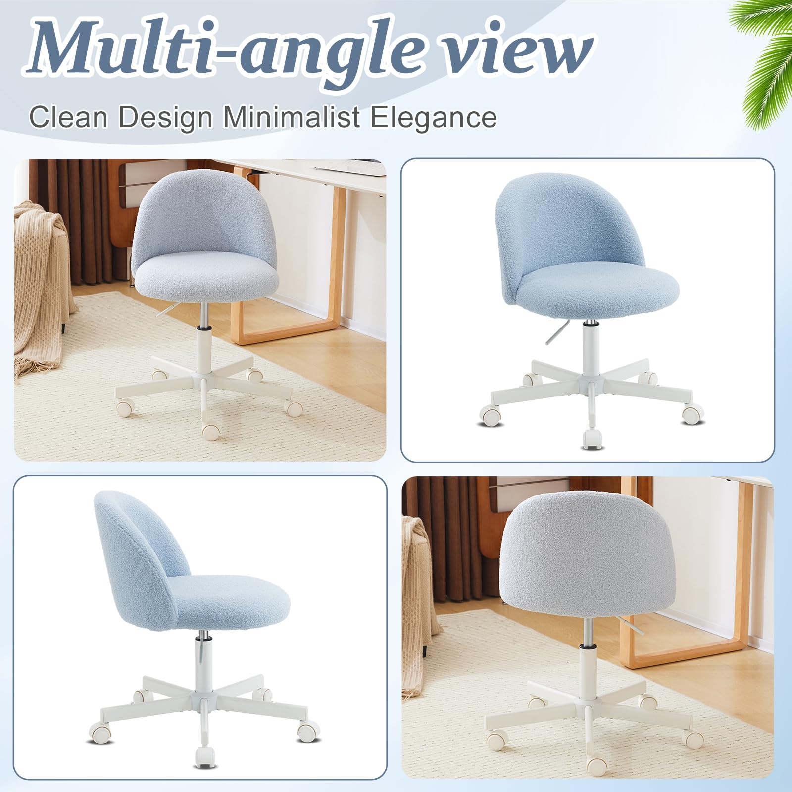 VINGLI Armless Cute Teddy Desk Chair with Wheels - Adjustable Swivel Office Chair with Lumbar Support, Comfortable Small Computer Task Chair for Home Office, Bedroom & Vanity (Poetic Blue) - Perfect for Work, Study & Makeup Stations