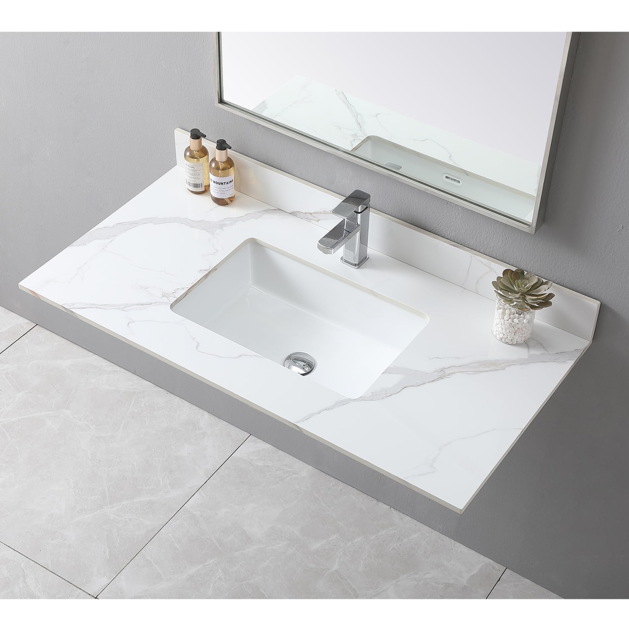 43 Inch Bathroom Vanity Top with Undermount Ceramic Sink & Backsplash - Sintered Stone Artificial Marble Countertop with 1 Faucet Hole in Carrara Gold | Perfect for Modern Bathroom Renovation & Master Suite Upgrade