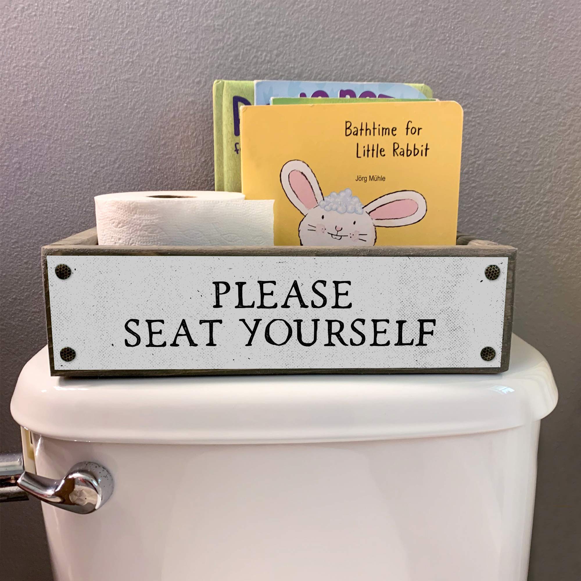 ANVEVO Please Seat Yourself - Rustic Farmhouse Bathroom Decor Box with Funny Sayings - Wooden Toilet Paper Holder & Diaper Caddy - Perfect for Farmhouse Style Bathrooms & Baby Nurseries