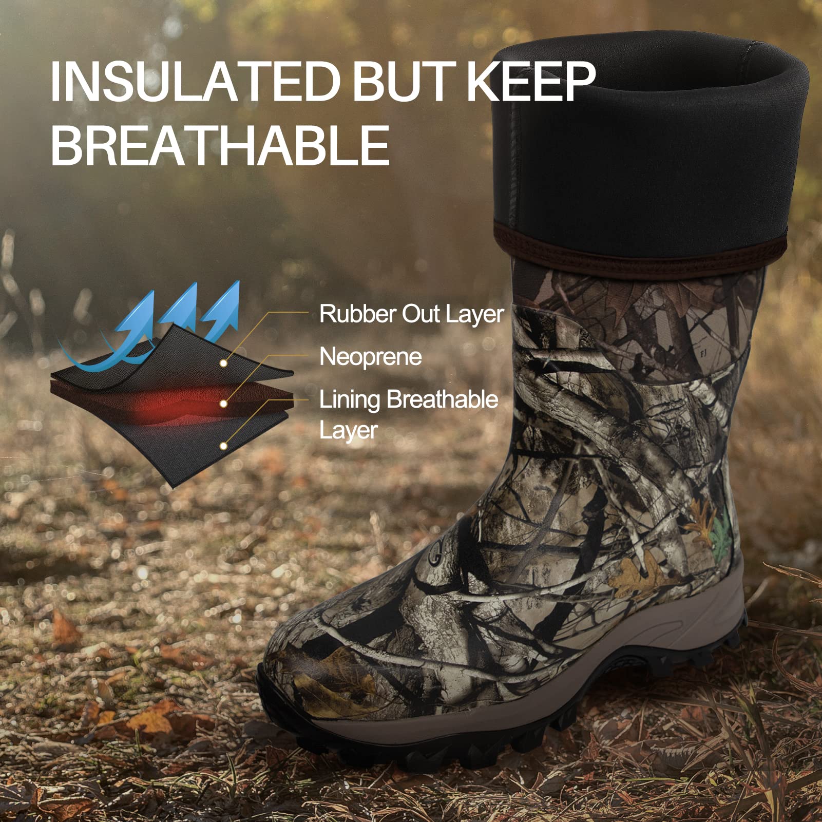 Obcursco Men's Waterproof Insulated 6mm Neoprene Hunting Boots - Camo Rubber Boots for Outdoor Activities, Hiking & Cold Weather - Perfect for Hunting, Fishing & Farm Work