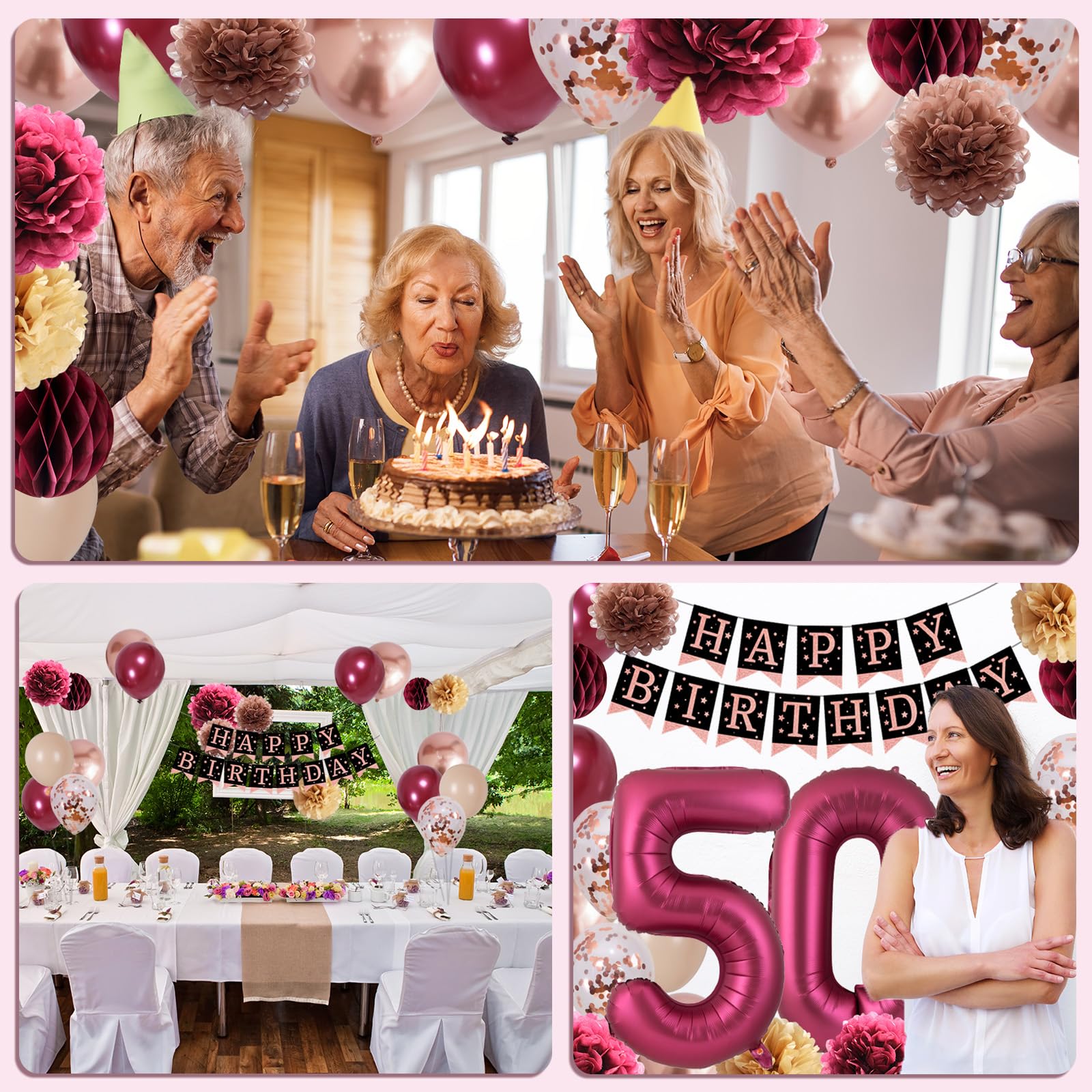 50th Birthday Party Decorations for Women - Burgundy Gold Happy Birthday Supplies with Confetti Balloons & Paper Pompoms | Perfect for Milestone Celebrations, Retirement Parties & Surprise Gatherings