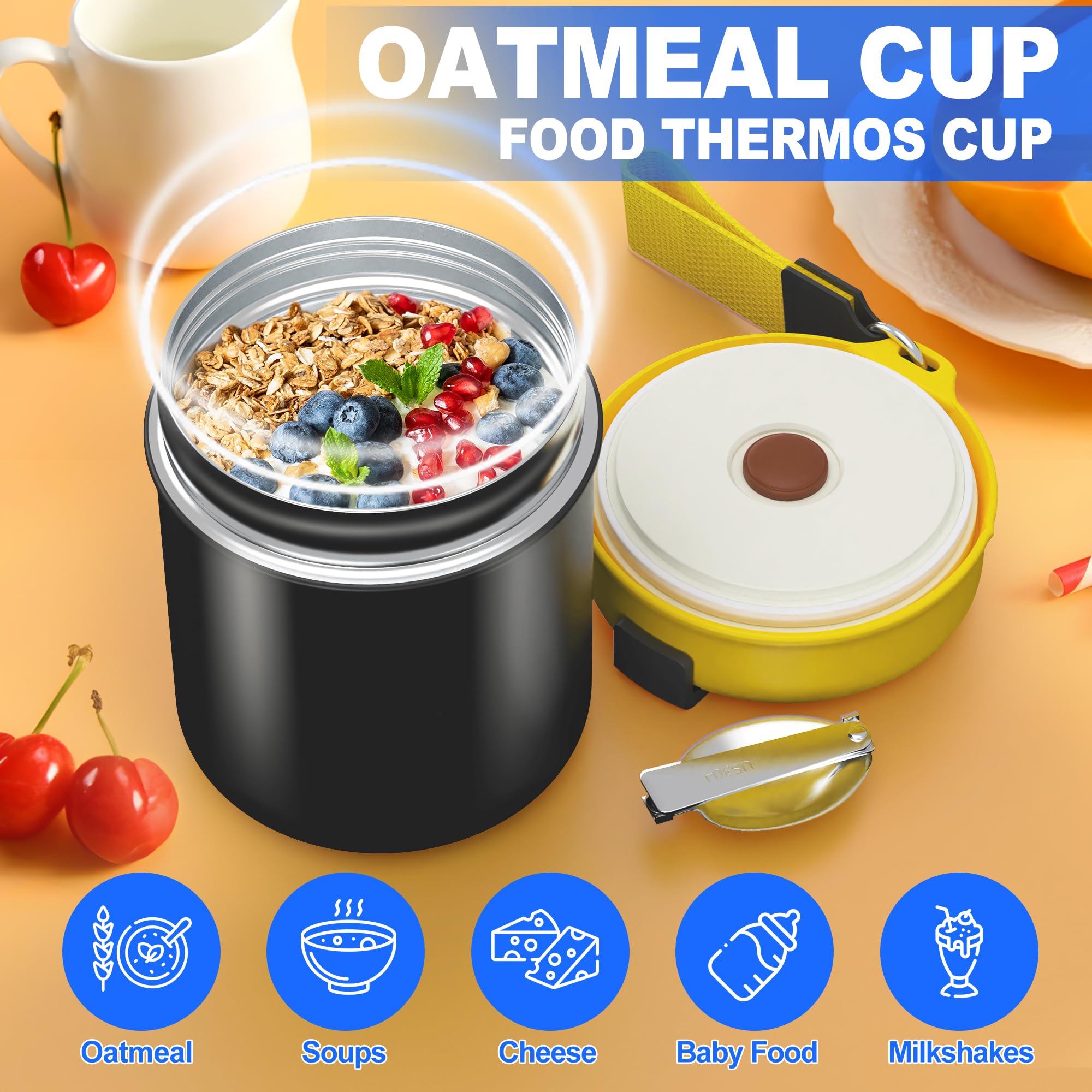 15.8oz Insulated Stainless Steel Food Thermos for Kids & Adults - Leak Proof Hot Cold Soup Container with Spoon, Wide Mouth Lunch Box for School, Office, Camping, Hiking, Travel (Black)