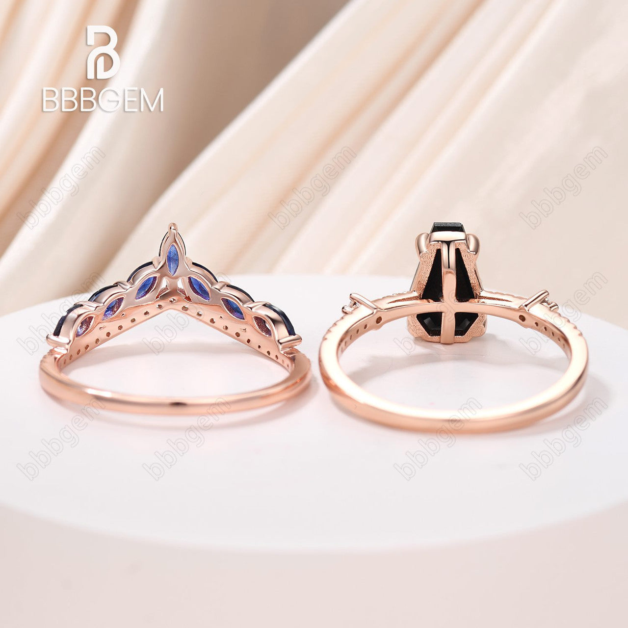 Unique Coffin Shaped Wedding Ring Set - 14k Rose Gold Black Onyx Ring & Marquise Cut Blue Sapphire Band - Gothic Anniversary Gift for Couples - Perfect for Dark Romance Weddings, Gothic Proposals & Alternative Jewelry Lovers