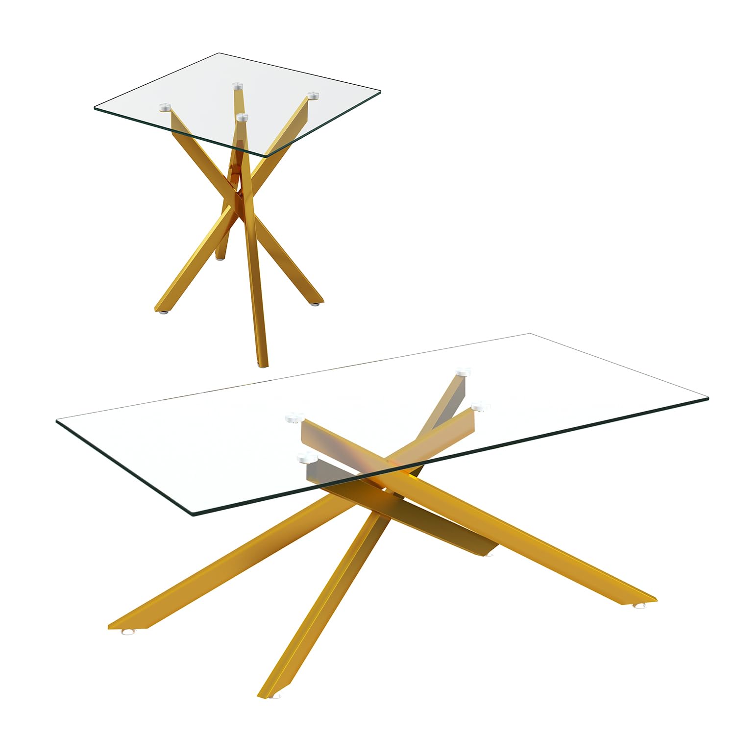 Modern Glass Gold Coffee Table Set of 2 - 47.2 Inch Clear Center Cocktail Tables with Stainless Steel Legs - Living Room, Lounge & Office Side/End Tables (Gold, 2-Piece Set) for Home Decor & Entertaining