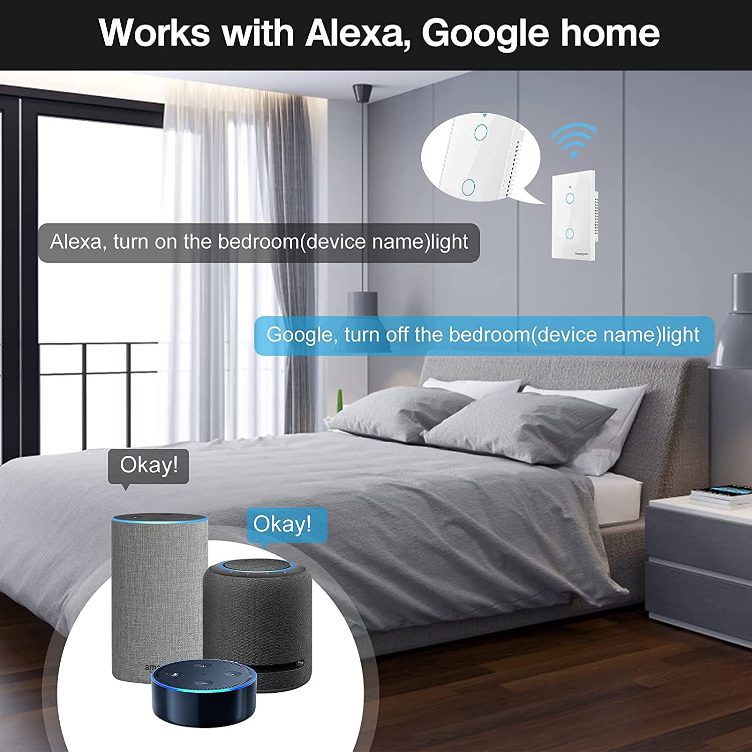 WiFi Smart Wall Light Switch - White, Tempered Glass Panel Touch Switch, 2 Gang for 1 Gang Box, Timer Function, Wireless Lighting Control for Home Automation & Smart House (Works with Alexa & Google Home)