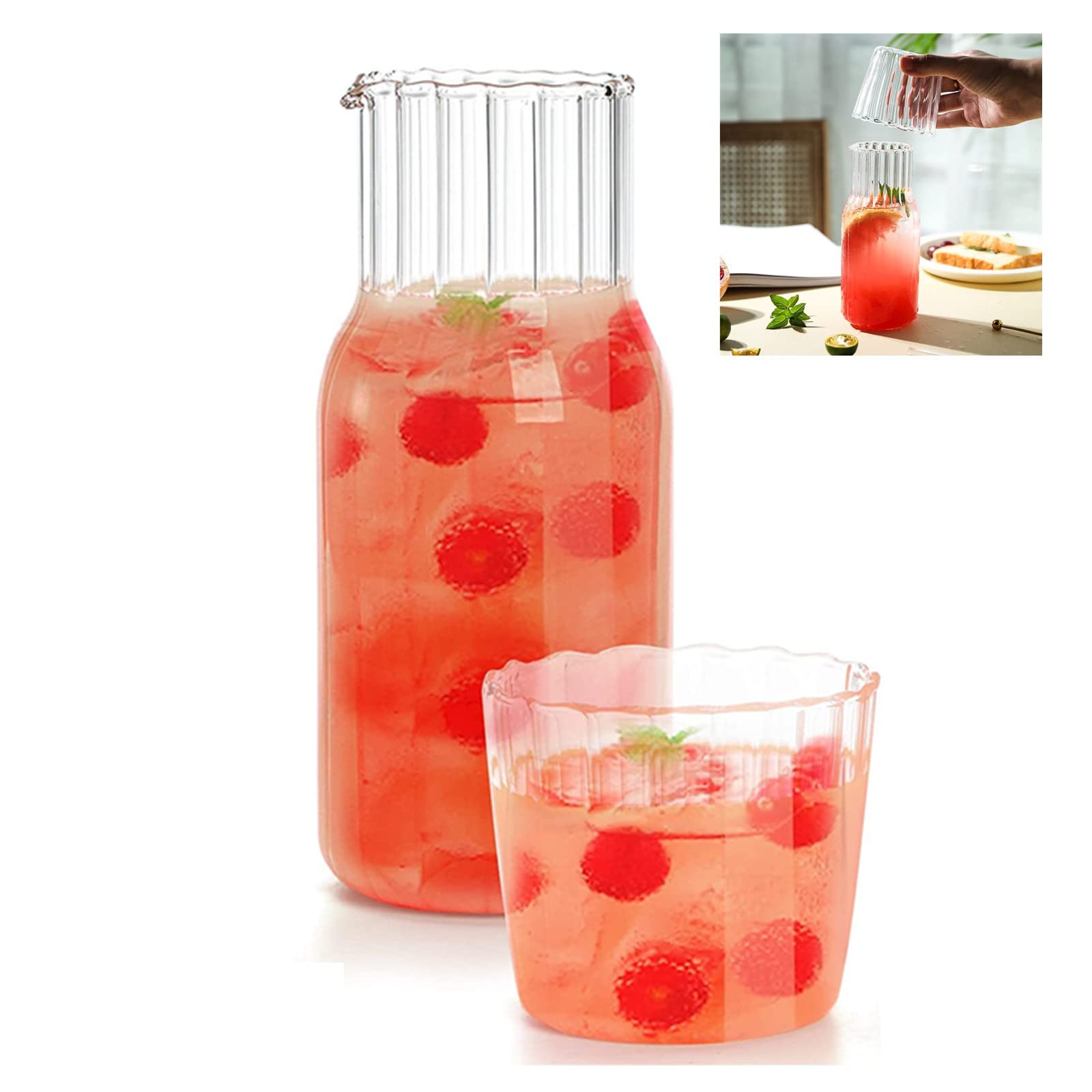 17.5 oz Glass Water Pitcher with Cup - Heat Resistant Bedside Carafe Set for Juice, Lemonade & Beverages | Easy to Clean Nightstand Water Dispenser for Bedroom, Office & Home Use