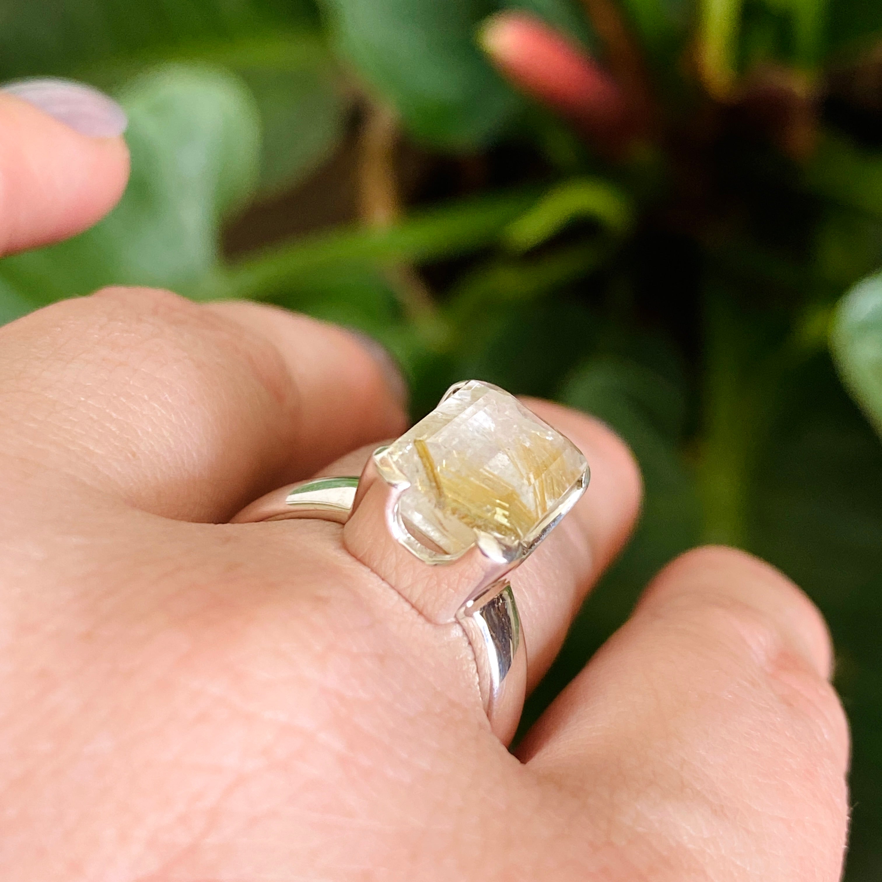 Rutilated Quartz Faceted Rectangular Ring Size 8 - Elegant Gold Jewelry for Women, Perfect for Weddings & Special Occasions
