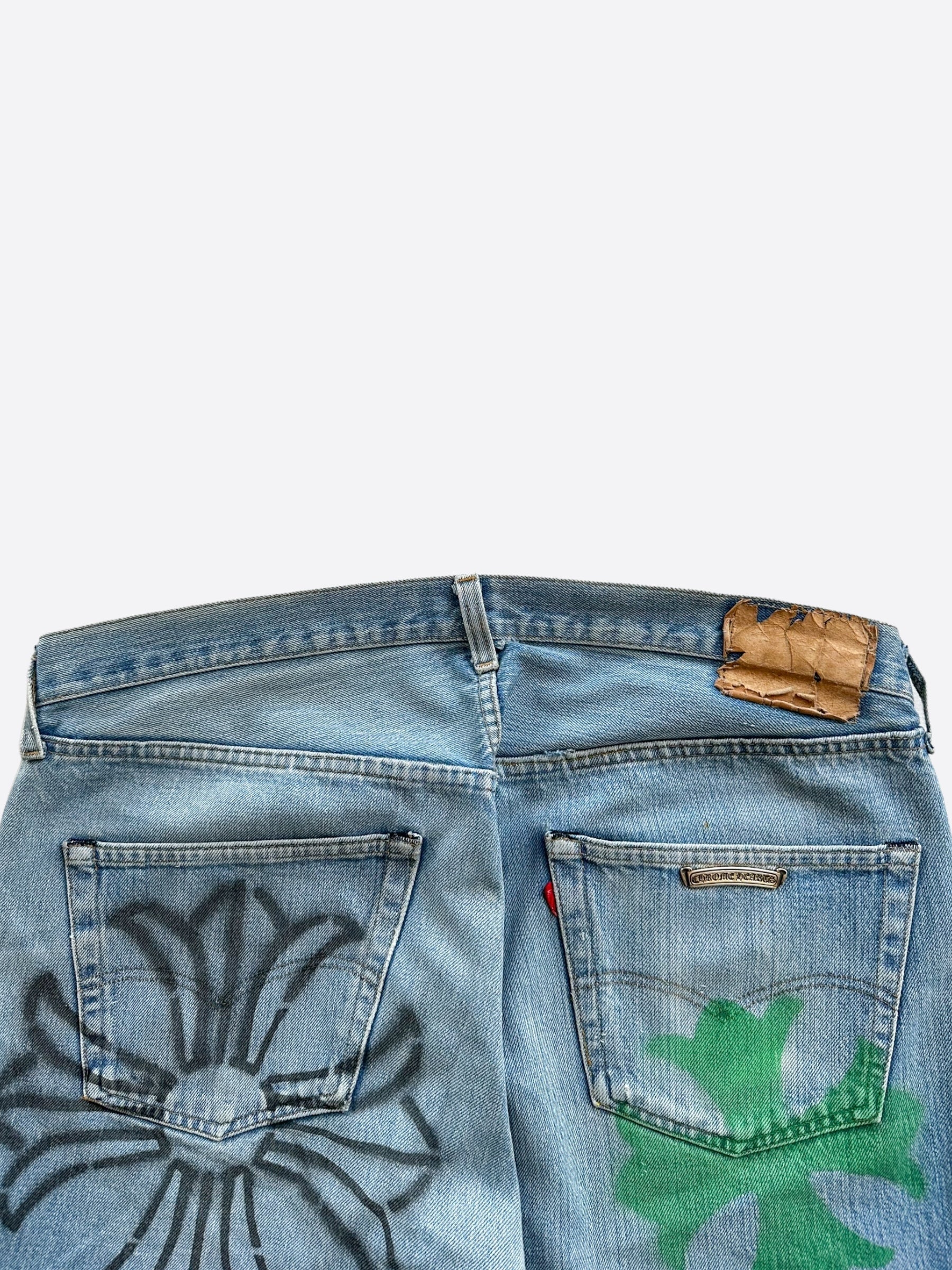 Chrome Hearts x Levi's Blue Cross Patch Distressed Denim Jeans for Men & Women - Vintage Style Ripped Skinny Jeans - Perfect for Streetwear & Casual Outfits