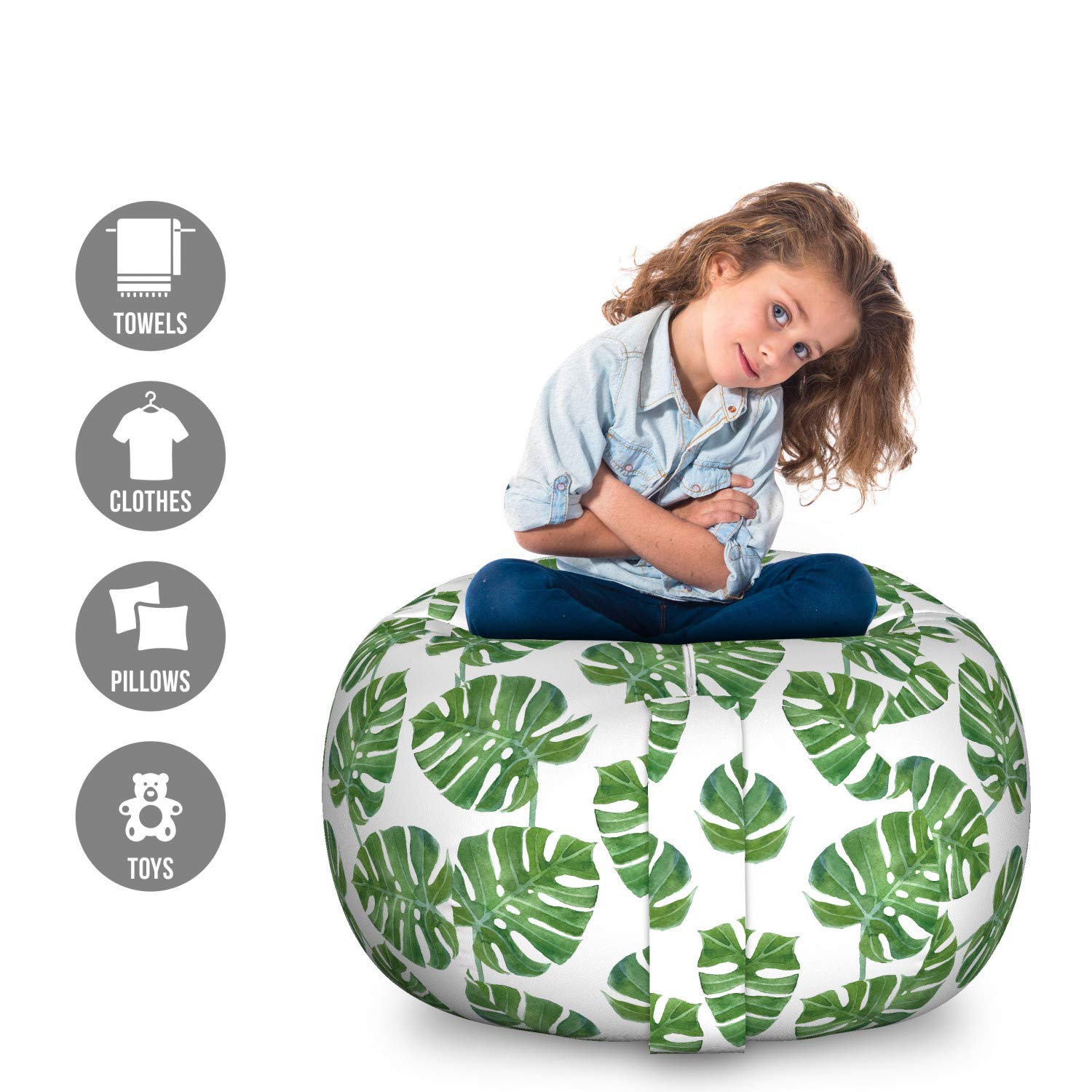 Ambesonne Jungle Leaves Storage Toy Bag Chair - Large Washable Peacock Green Stuffed Animal Organizer with Monstera Leaf Design | Perfect for Kids' Room, Nursery Storage & Pet Toy Organization