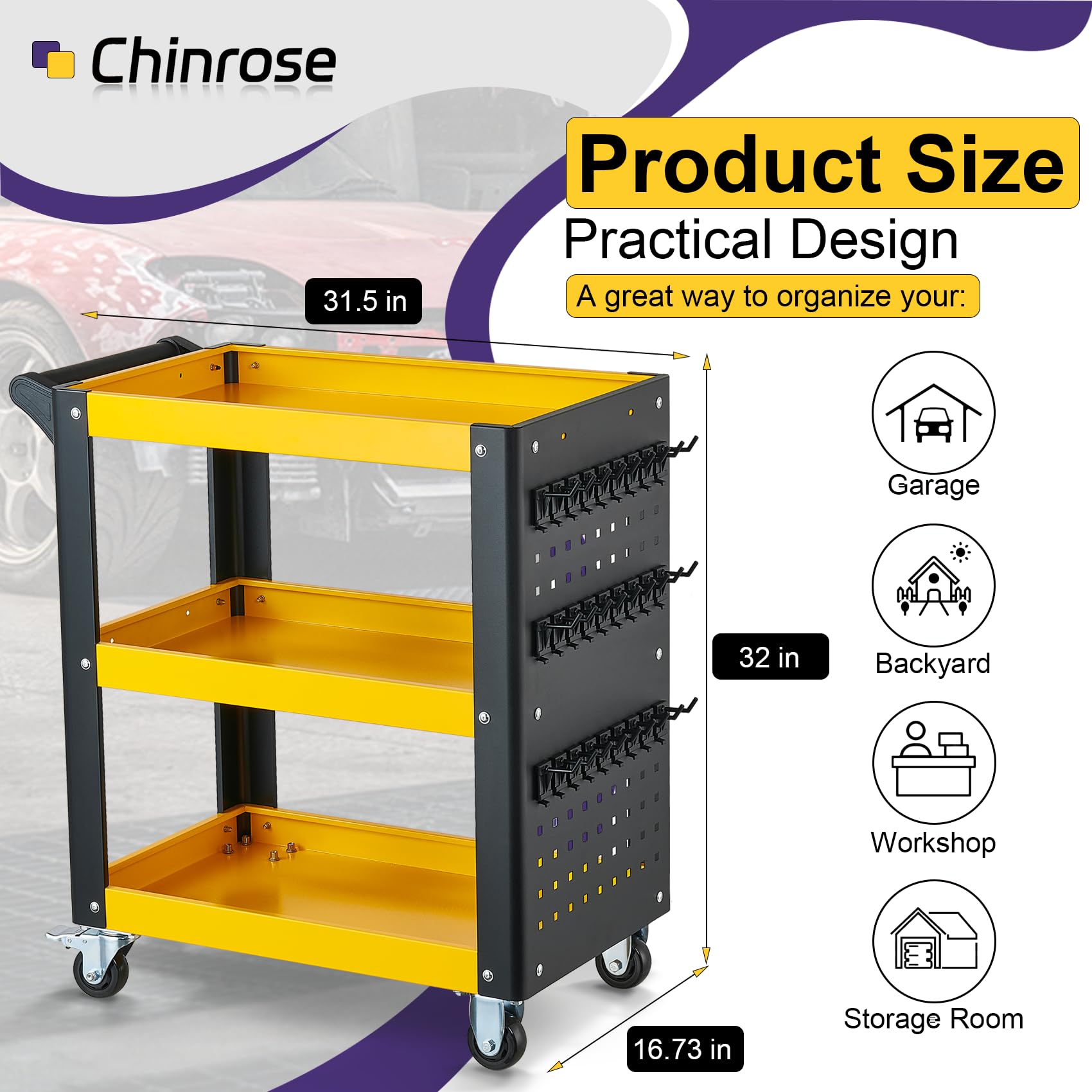 3 Tier Heavy Duty Steel Tool Cart - Rolling Utility Cart for Mechanics, Garage, Workshop & Warehouse | Perfect for Organizing Tools, Equipment & Supplies in Repair Shops & Auto Garages