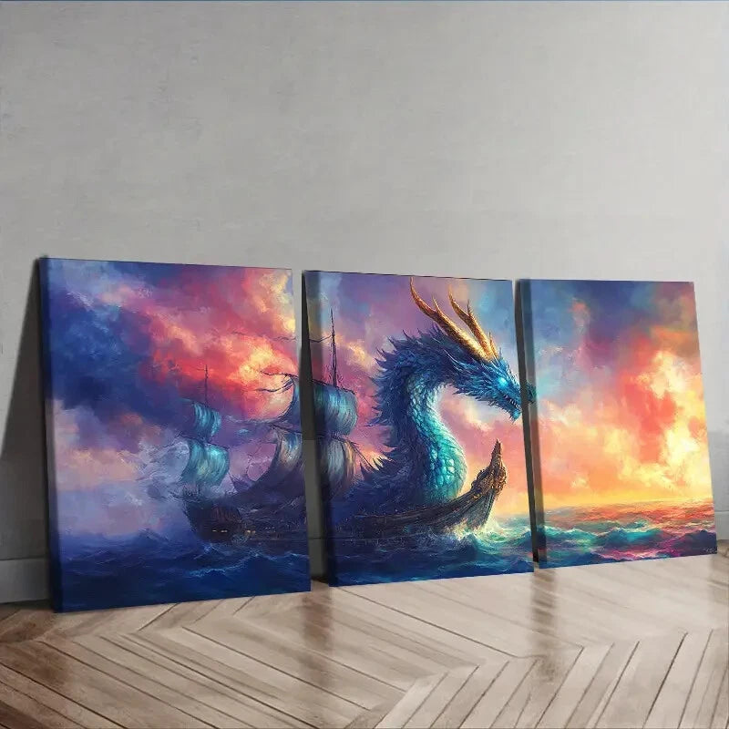 3-Piece Blue Dragon on Boat Wall Art Set - Framed Canvas 40x60cm - High Quality Print - 100% Australian Made - Ready to Hang - Perfect for Living Room, Bedroom, or Office Decor