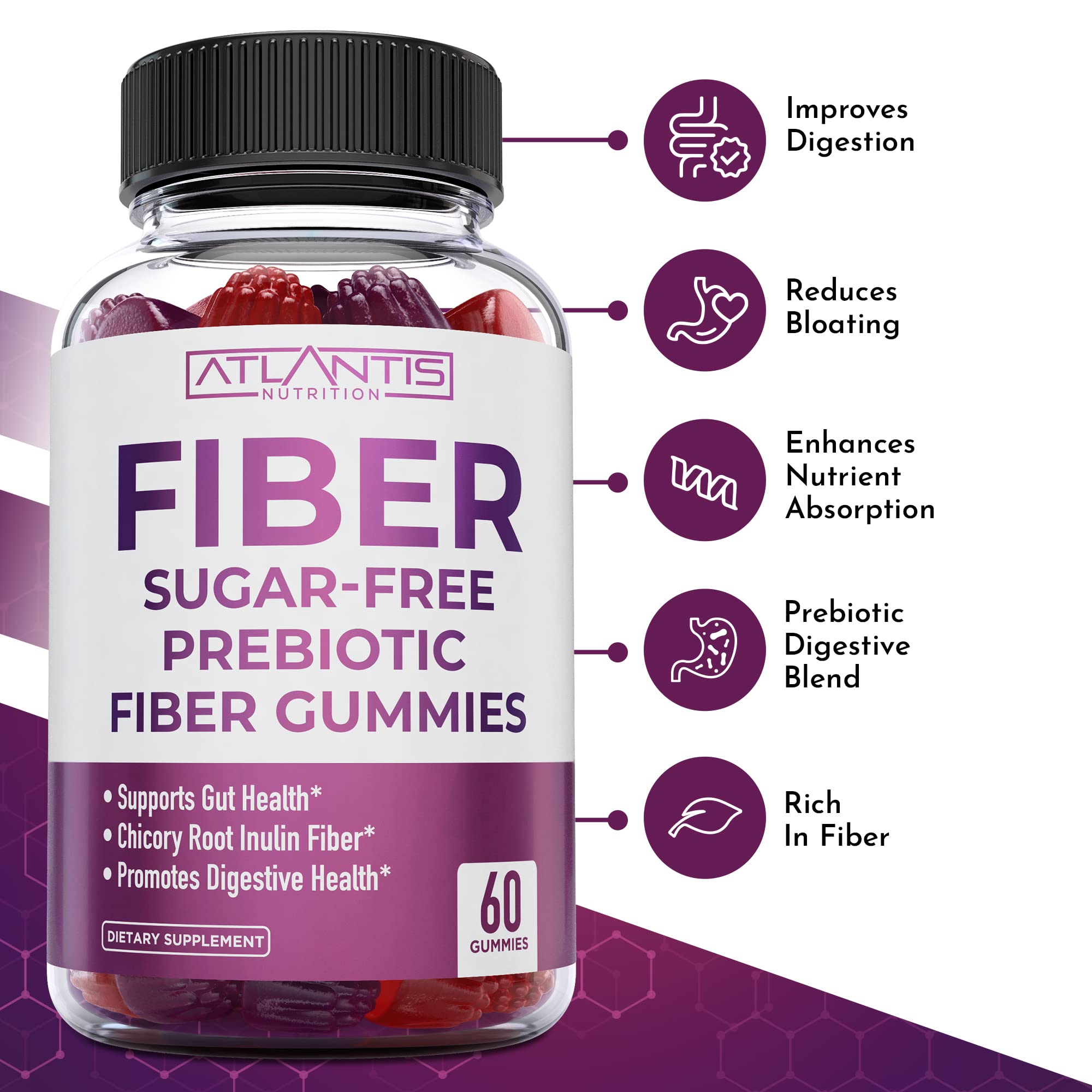Atlantis Nutrition Sugar Free Prebiotic Fiber Gummies for Adults - 2 Pack (120 Gummies) | Keto Friendly Digestive Support | Apple Cider Vinegar Supplement 60 Gummies | Supports Gut Health & Weight Management - Perfect for Keto Diet & Daily Wellness Routine