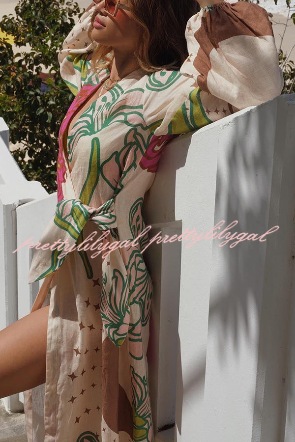 Tracey Linen Blend Unique Print Balloon Sleeve Tie-Up Tunic Maxi Dress for Women | Flowy Summer Beach Dress | Perfect for Vacations, Weddings & Boho Chic Outfits