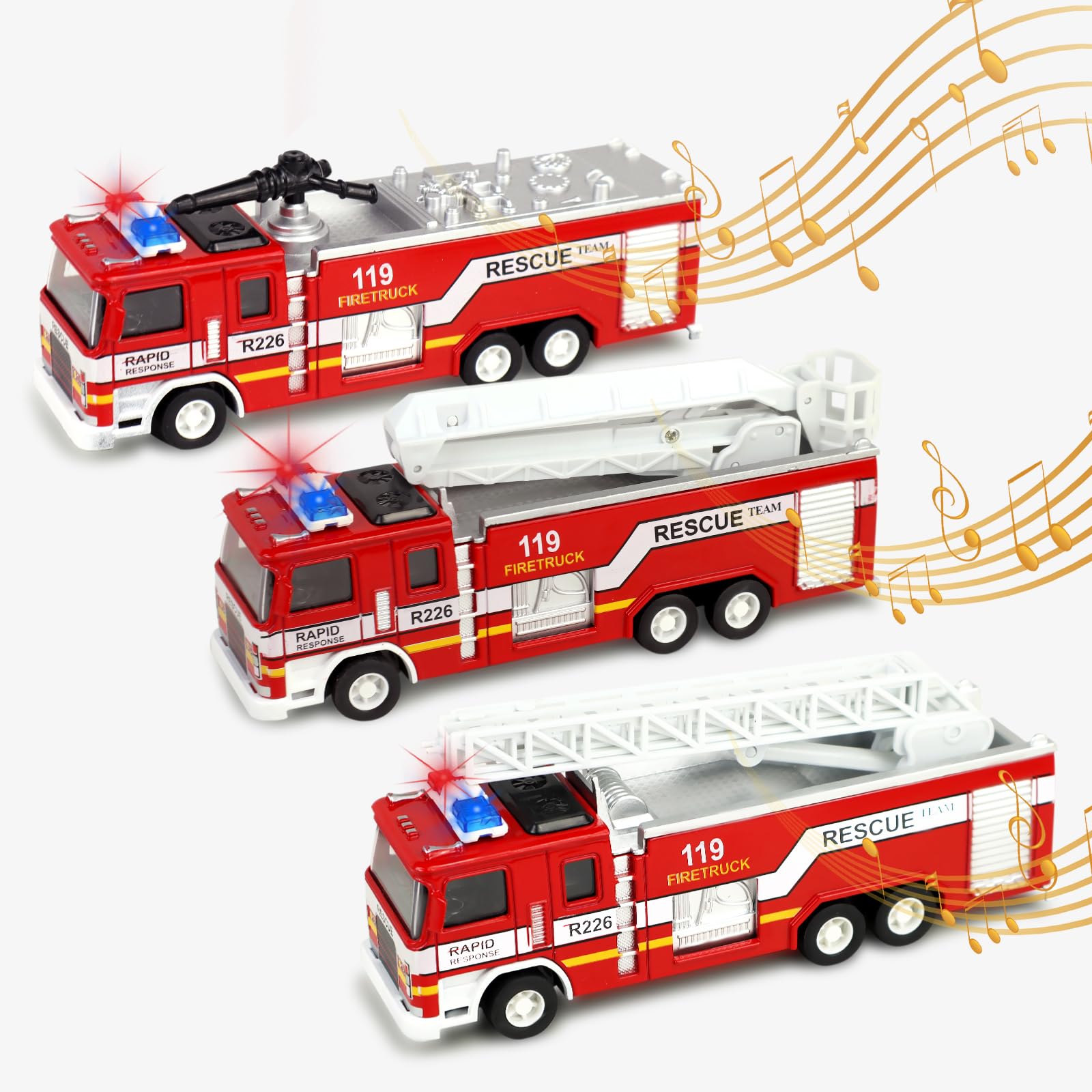 CORPER TOYS 3-Pack Fire Truck Toy Set with Extending Rescue Ladder, Rotating Water Gun, Lights & Siren Sounds – Pull Back Alloy Car Toys for Toddlers, Boys & Girls – Perfect for Birthday Gifts & Pretend Play Firefighter Scenarios