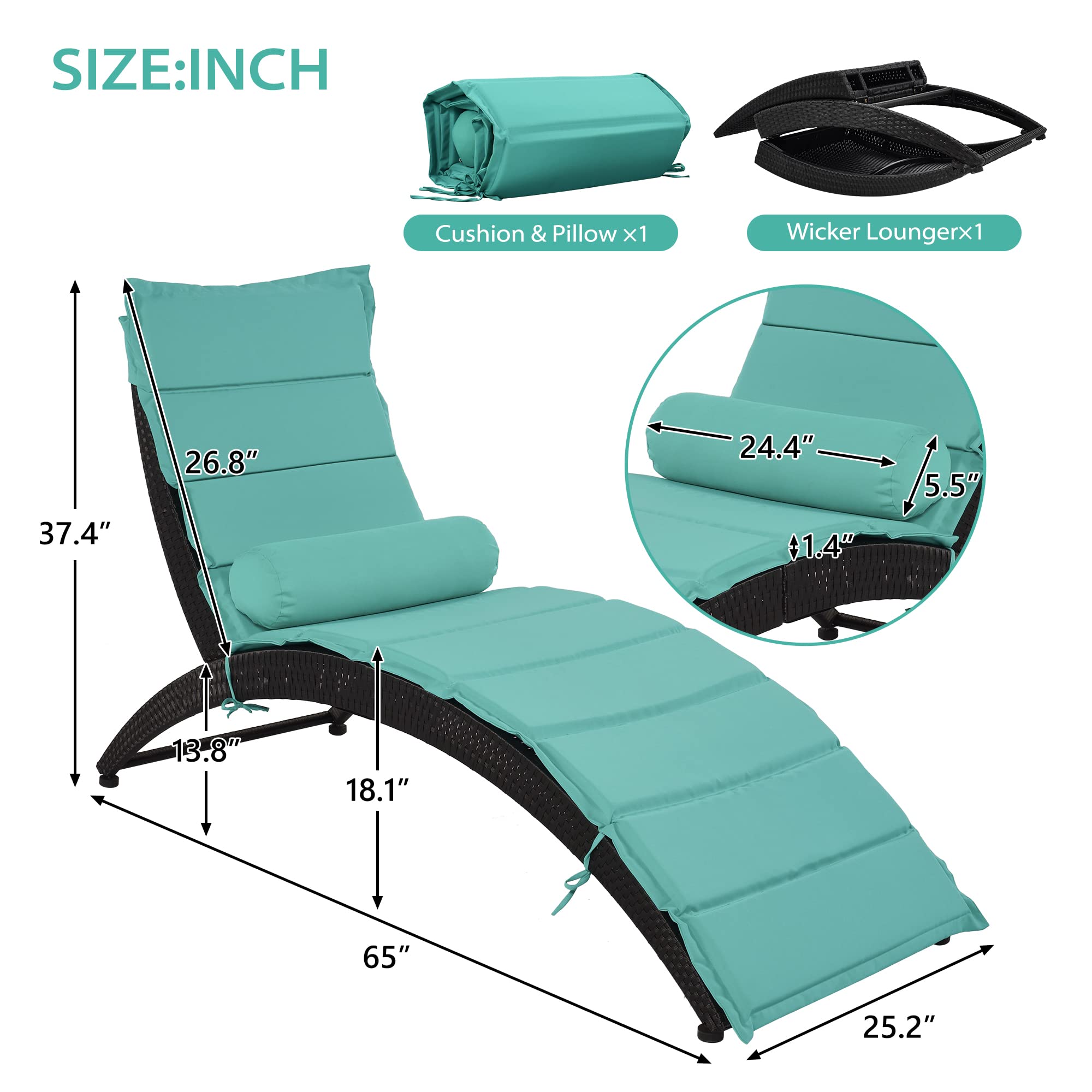 Foldable PE Rattan Sun Lounger Chair with Removable Cushion & Bolster Pillow - Outdoor Patio Furniture for Backyard, Garden, Poolside, or Balcony - Wicker Chaise Lounge in Black & Turquoise for Ultimate Relaxation