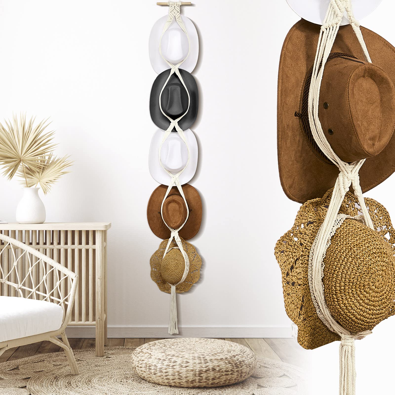 Yulejo Macrame Boho Wall Hat Hangers - Handwoven Bohemian Hat Rack Organizer for Women's Hats | Perfect for Bedroom, Closet & Boho Home Decor