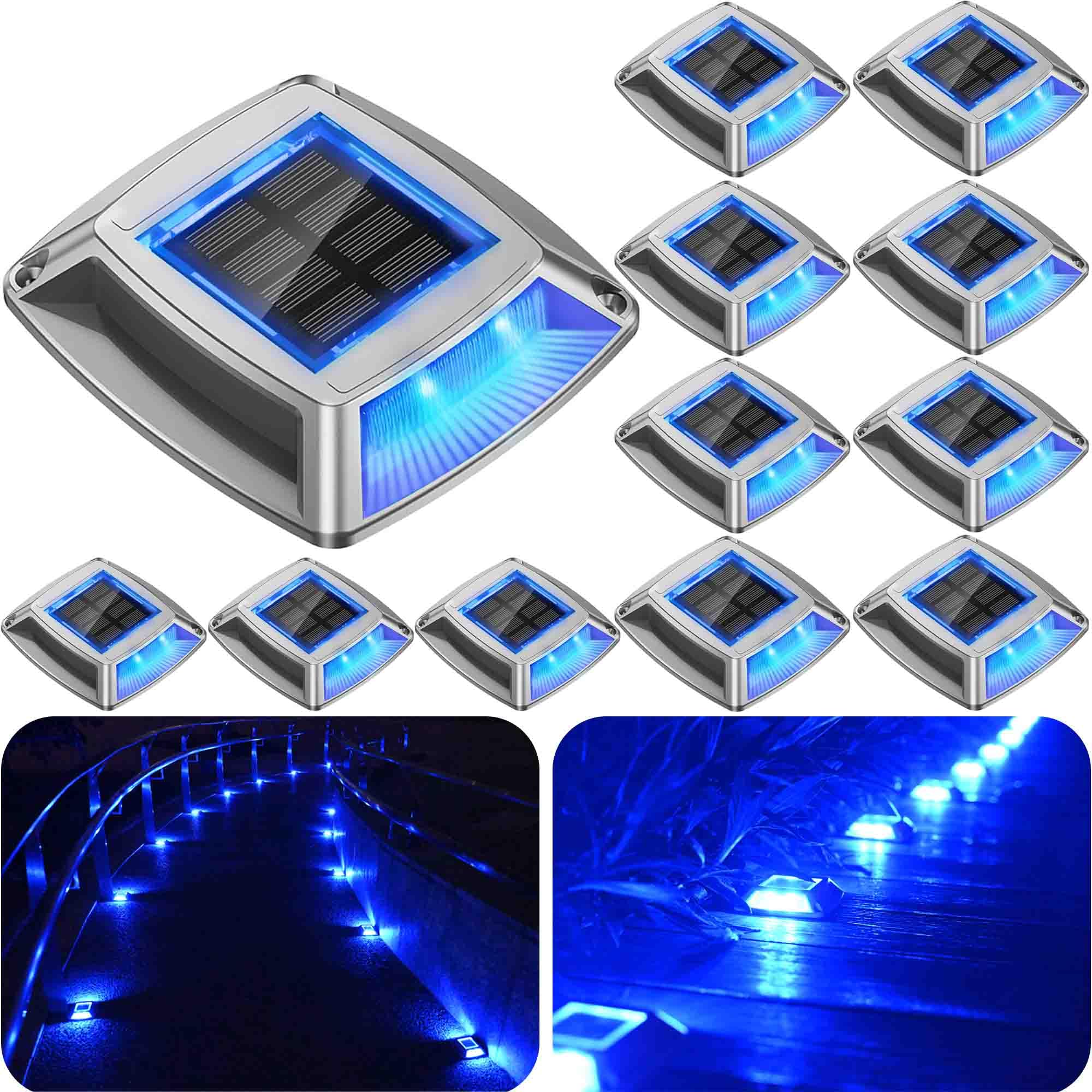 12-Pack Solar Driveway Lights - 4 LED IP68 Waterproof Marine Solar Dock Lights | Solar Powered Safety Markers for Pathway, Sidewalk, Garden, Stair & Deck | Auto Dusk to Dawn (Blue) | Perfect for Outdoor Lighting, Landscape Decoration & Nighttime Safety