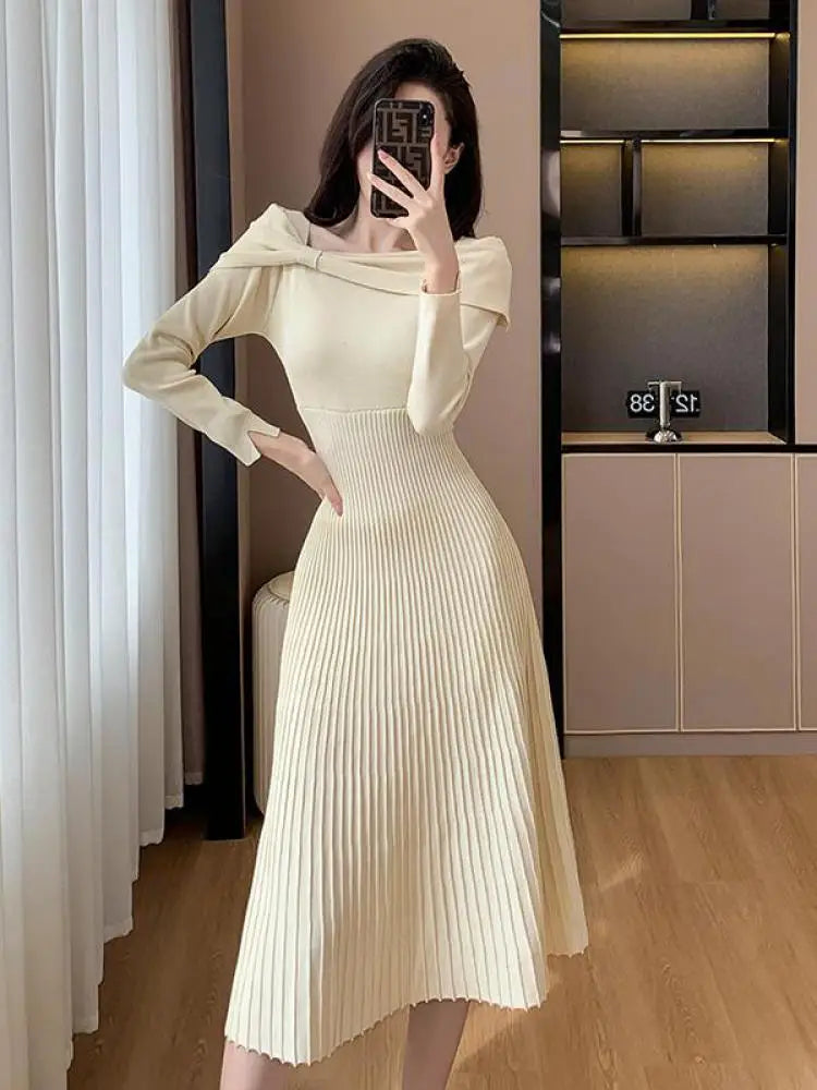 Elegant Black Long Sleeve Knit Dress for Women - Autumn Beige Bow French Fashion Slim Casual Midi Dress - Perfect for Party, Office Wear and Fall Outfits