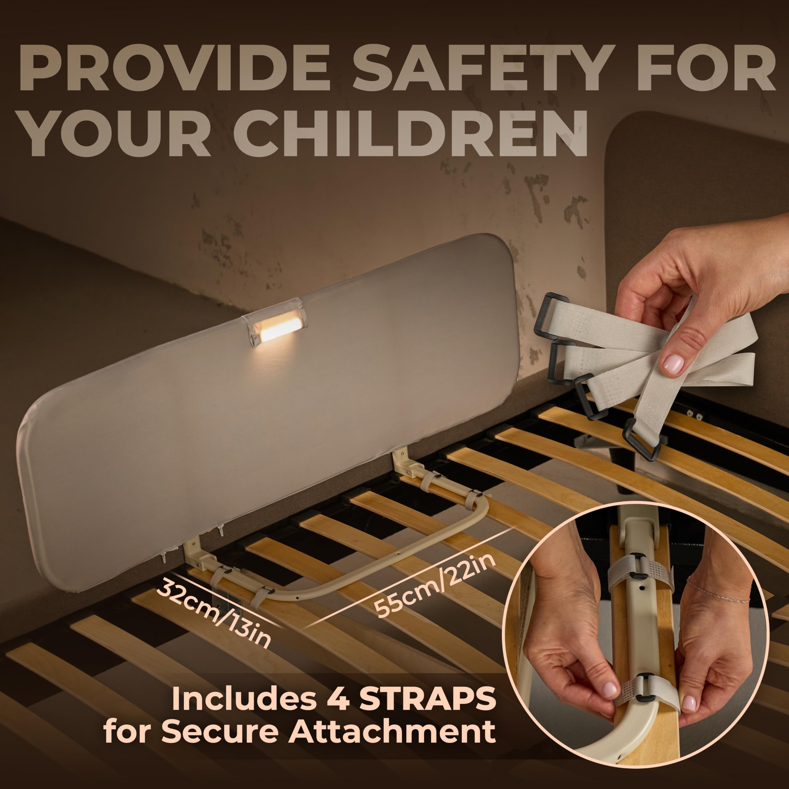Foldable Toddler Bed Rail with Night Light - 48 Inch Portable Bed Guard for Baby & Kids - Fits Full, Queen & Twin Size Beds - Safe Bedside Fence for Toddler Transition & Travel Use