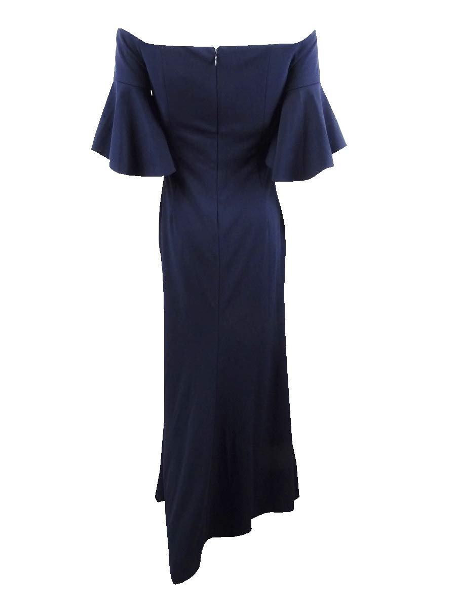 Calvin Klein Women's Navy Blue Zippered Bell Sleeve Off-Shoulder Formal Gown Size 4 | Elegant Evening Dress for Weddings, Parties & Special Occasions
