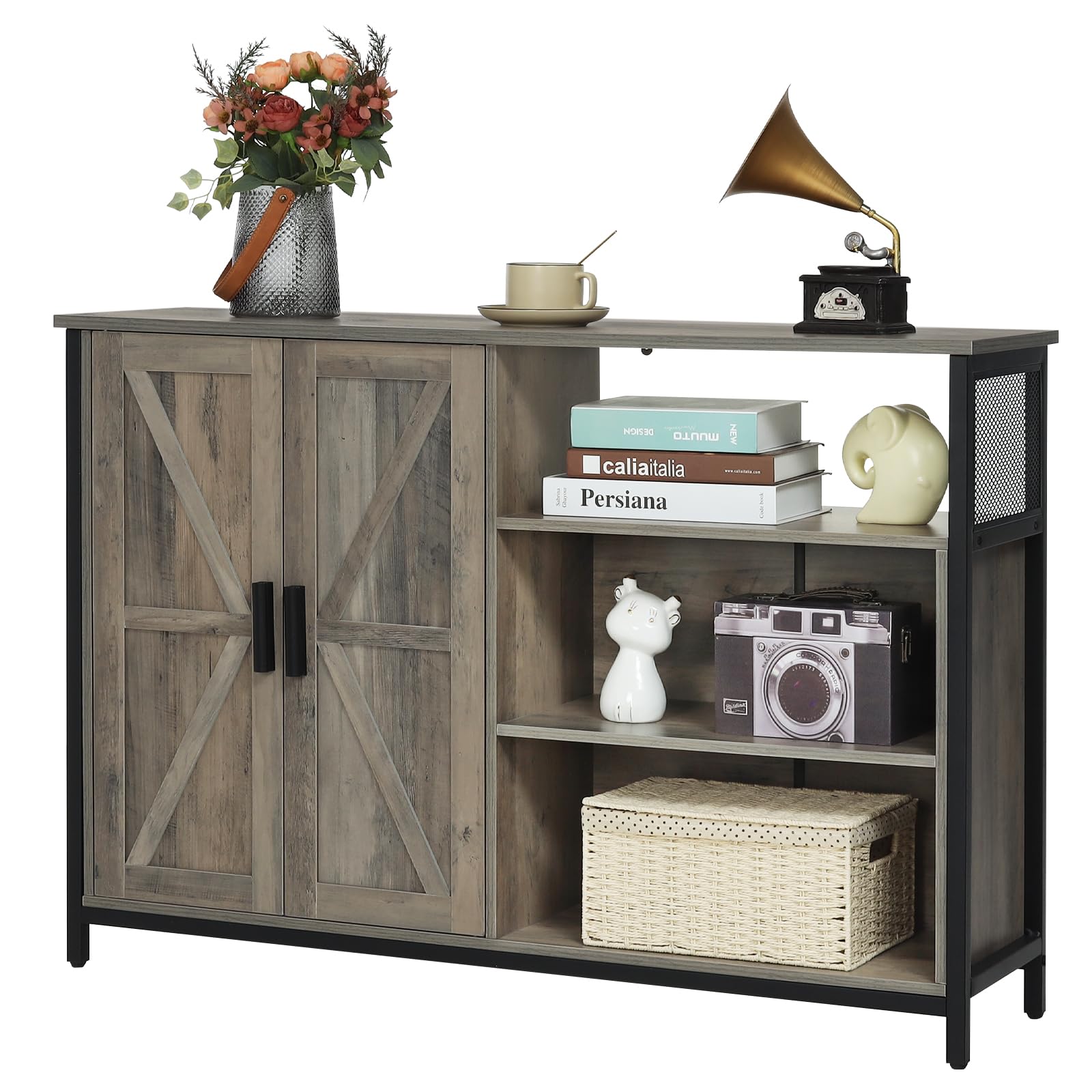 WEENFON Rustic Oak Floor Storage Cabinet with 2 Barn Doors - Adjustable Shelves Industrial Sideboard Buffet Table for Dining Room, Living Room & Kitchen | Perfect for Farmhouse Decor, Entryway Storage & Home Organization