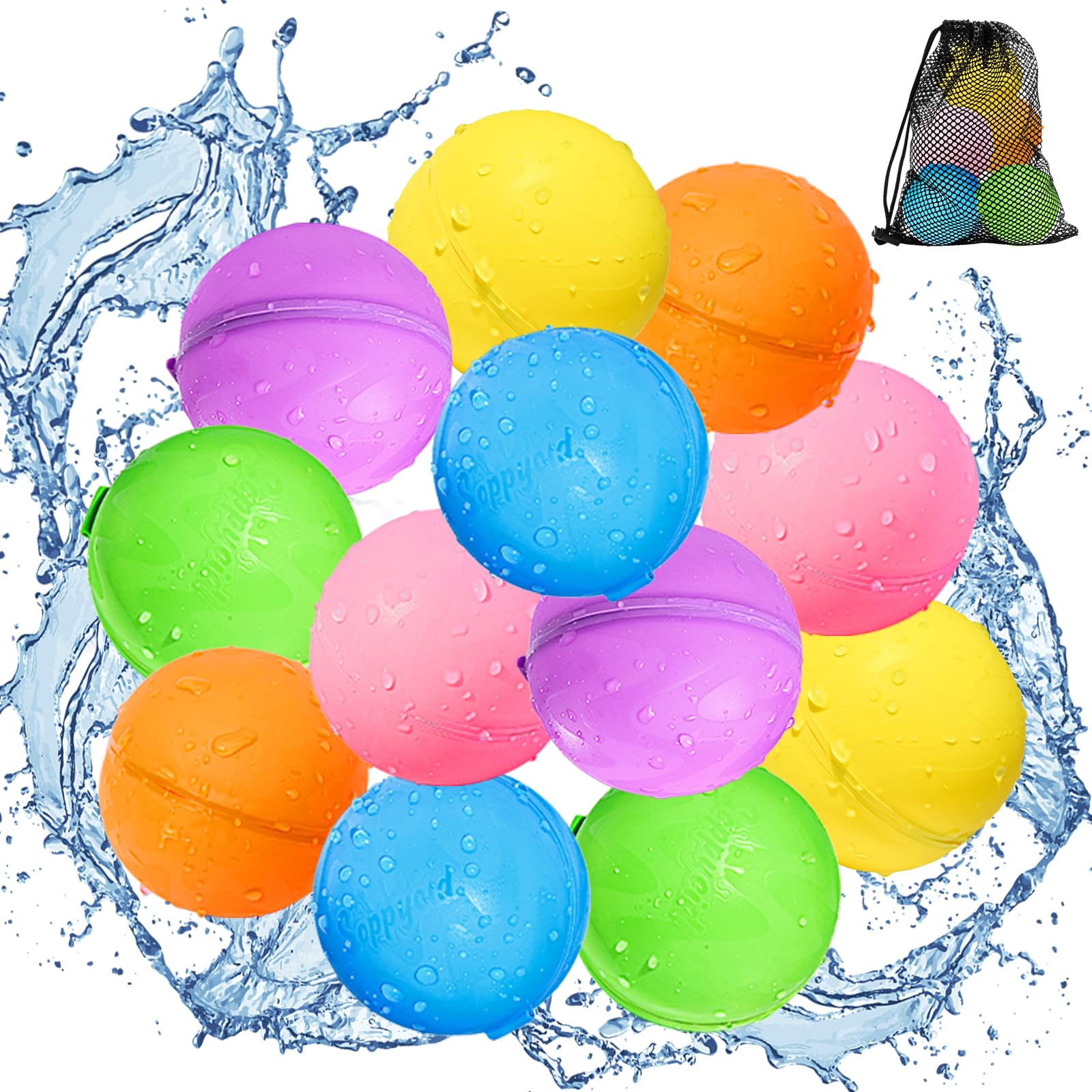 SOPPYCID Magnetic Reusable Water Balloons - 12 Pack Quick Fill Self-Sealing Water Bombs for Kids & Adults | Summer Outdoor Pool, Beach, Backyard Water Games | Eco-Friendly Splash Toys for Birthday Parties & Family Fun