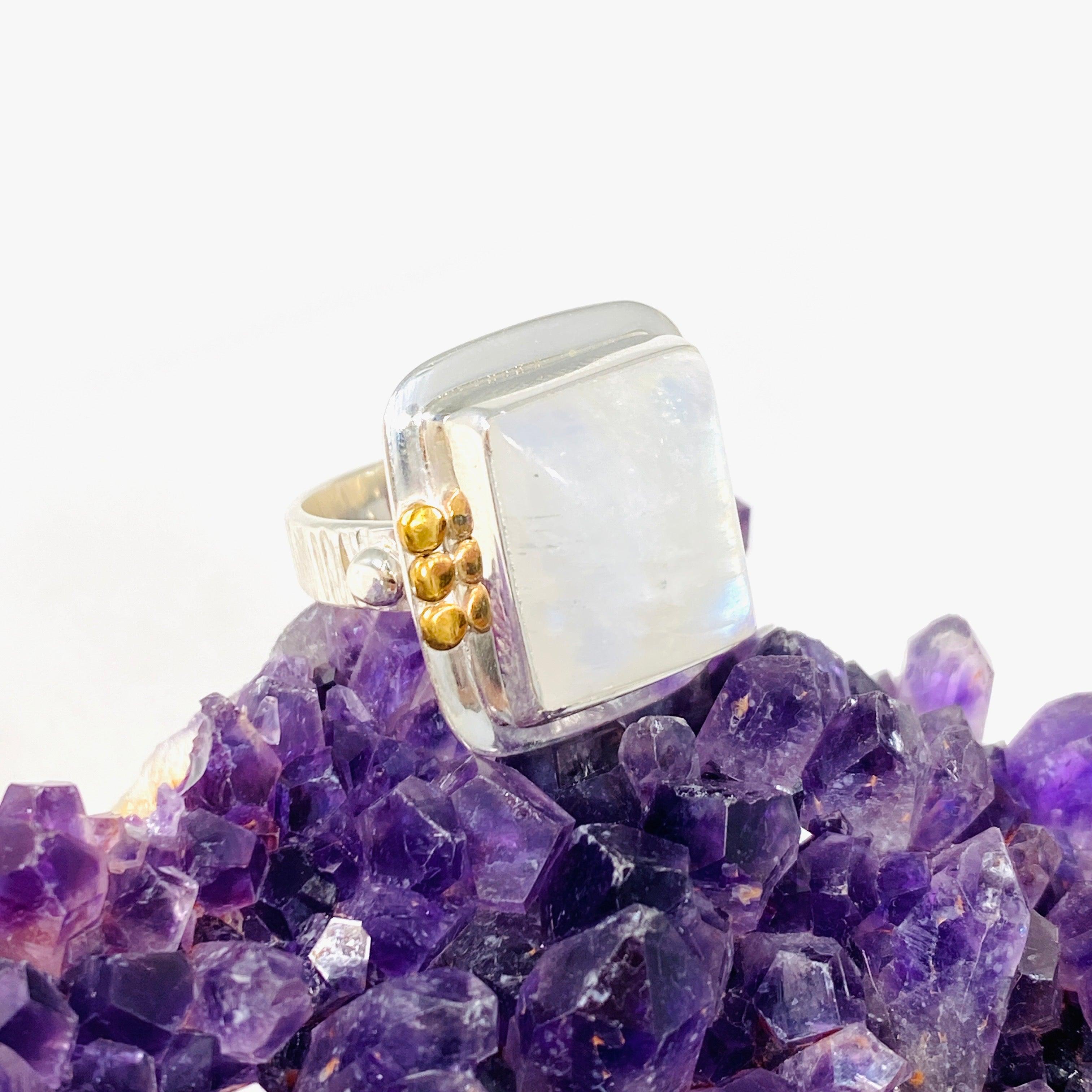 Moonstone Square Ring with Brass Detailing - Size 7 Sterling Silver Jewelry for Women, Elegant Boho Chic Accessory | Perfect for Weddings, Date Nights & Special Occasions