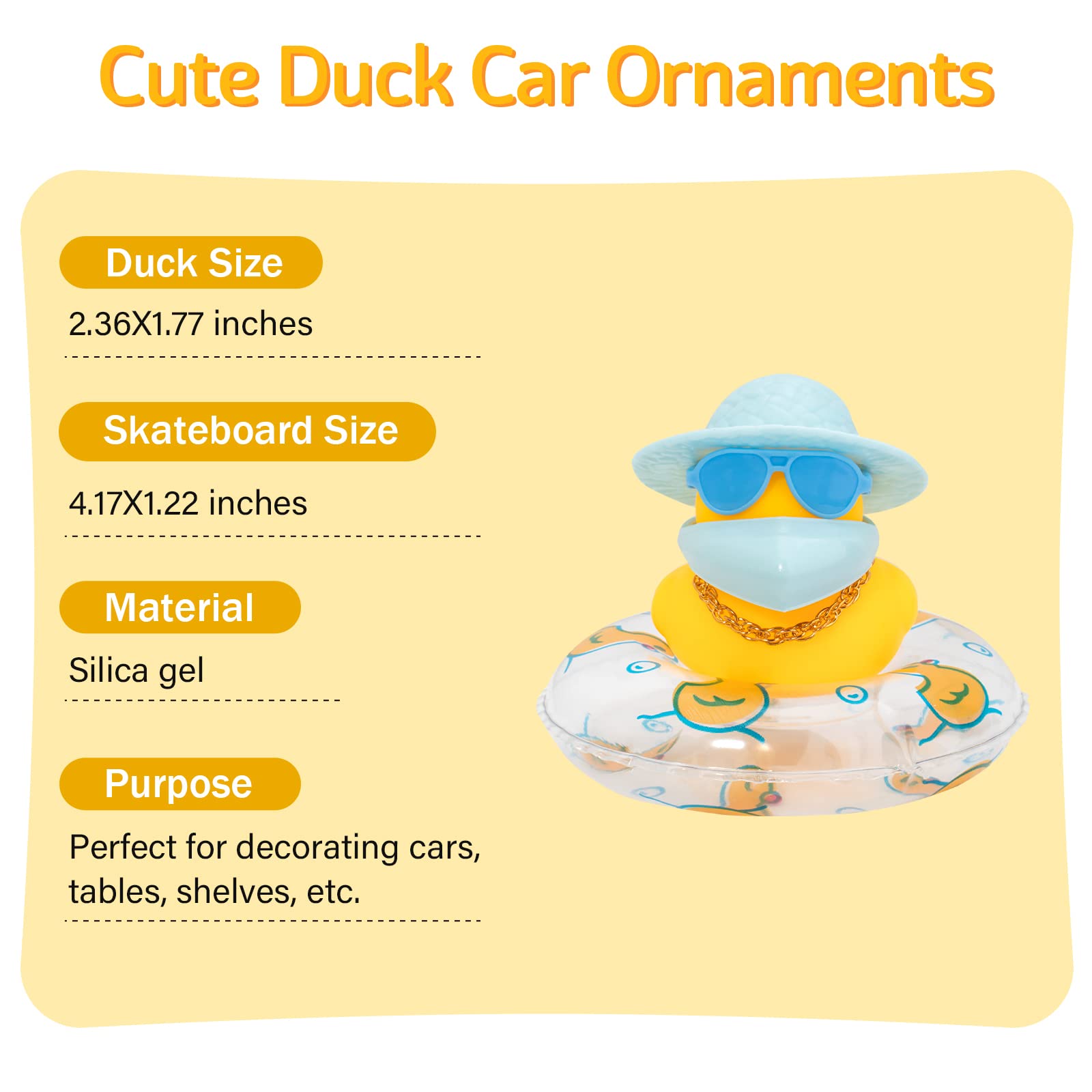 Wonuu Cute Rubber Duck Car Ornament - Blue Hat & Sunglasses - Dashboard Decor with Headband, Swim Ring & Necklace - Perfect for Car Accessories, Gifts & Fun Decoration