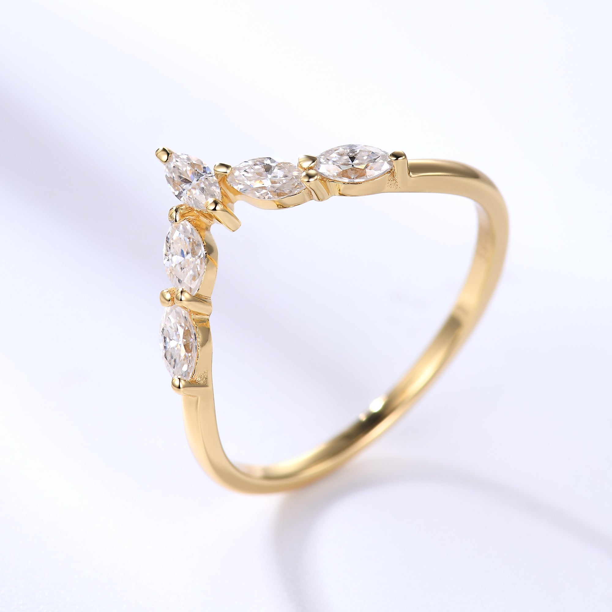 14K Yellow Gold Marquise Moissanite Wedding Ring Set - Curved Chevron Matching Band for Women, Bridal Jewelry, Anniversary Gift, Engagement Ring Alternative for Special Occasions