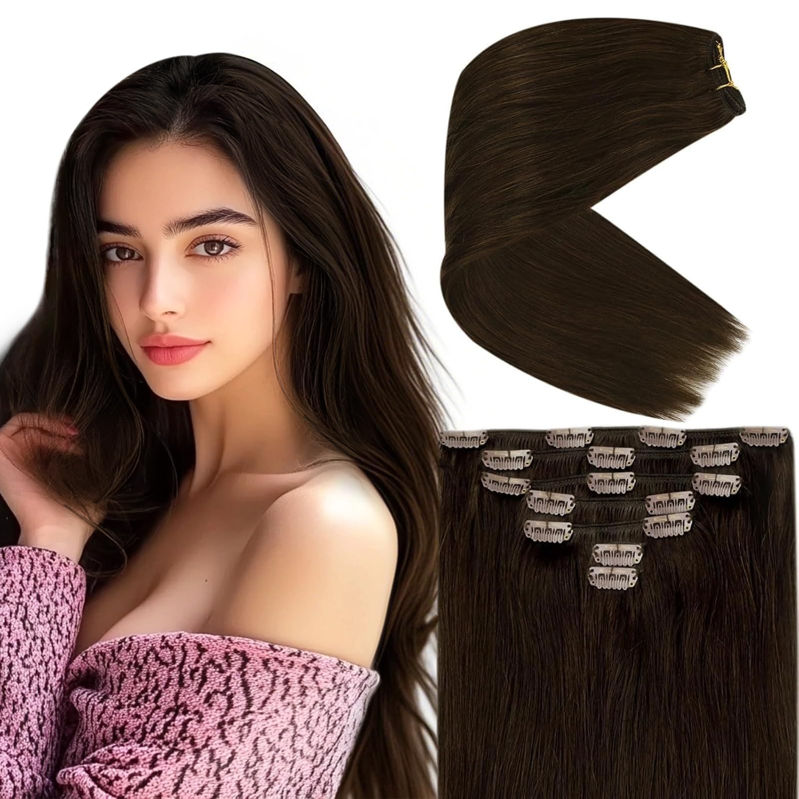 Ve Sunny 24inch Chocolate Brown Clip in Human Hair Extensions - 120g Real Hair Clip Ins for Women | Perfect for Parties, Weddings & Daily Styling