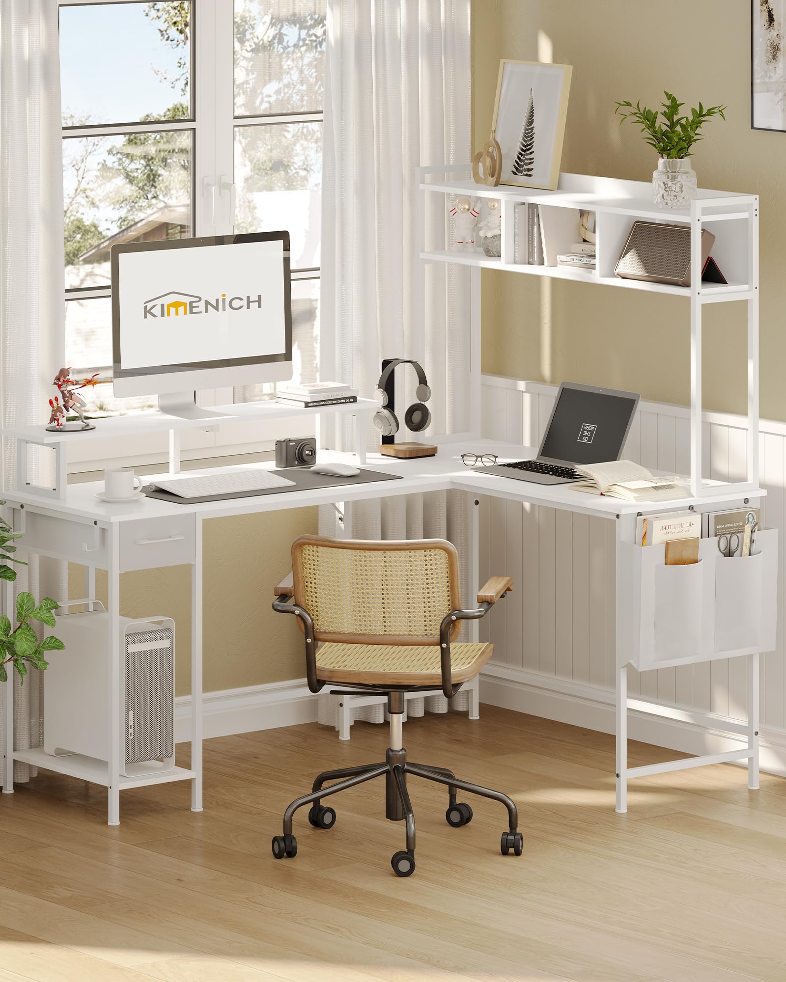 L-Shaped Computer Desk with LED Lights & Power Outlet, Gaming Desk with Bookshelf & Monitor Stand, Reversible Office Desk with Drawers & 2 Hooks - White for Home & Office Workspace