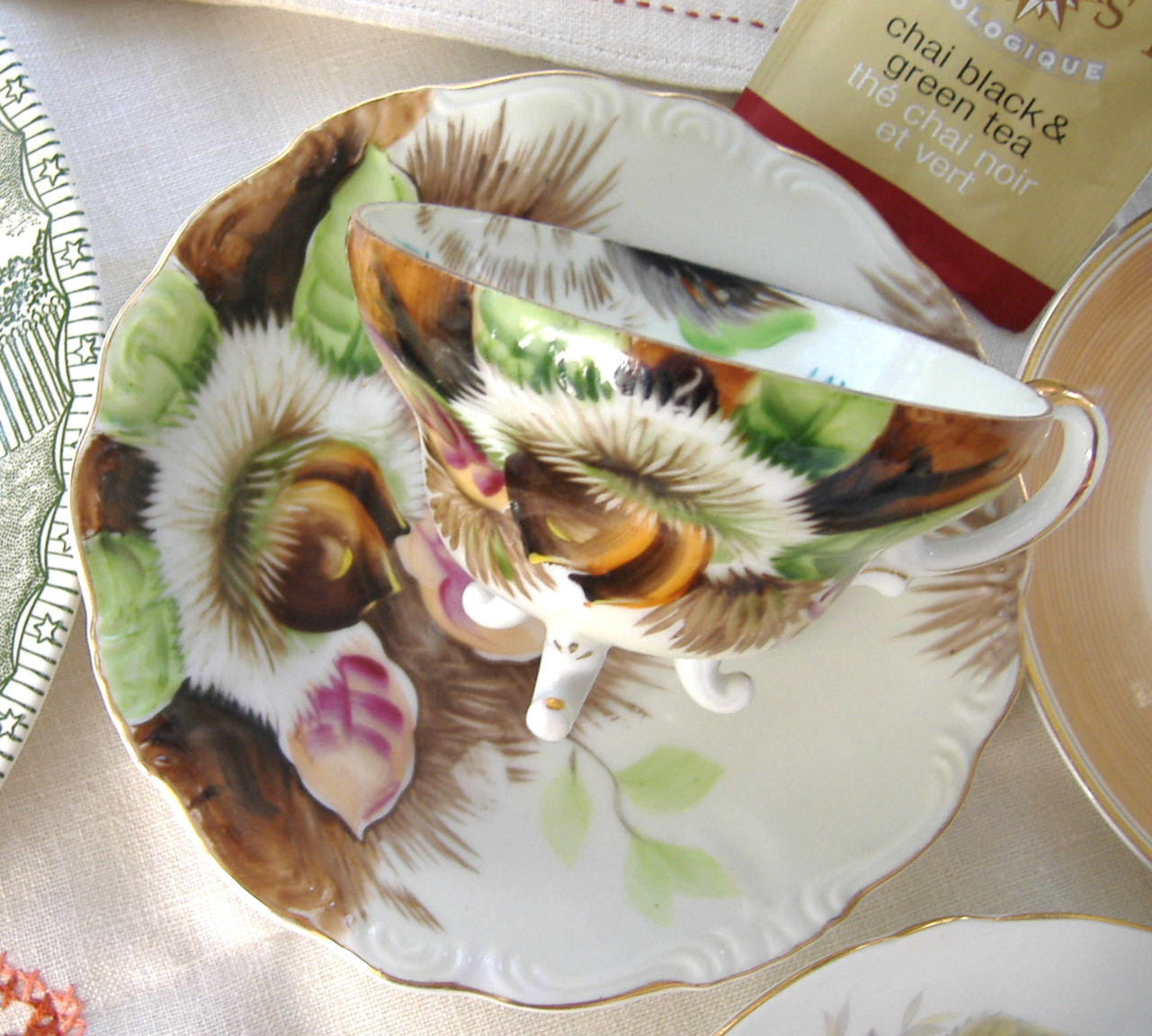 Vintage Japanese Hand-Painted Chestnut Cup and Saucer Set with Three Feet - 1920s-1930s Antique Tea Set for Collectors & Afternoon Tea Parties