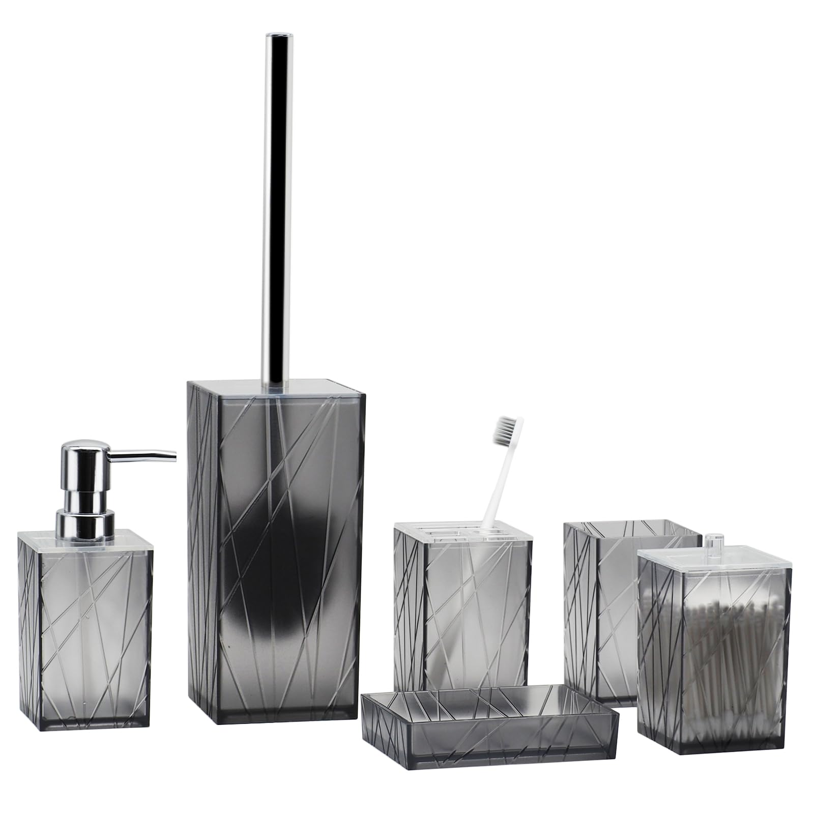6-Piece Grey Bathroom Accessory Set - Soap Dispenser, Toothbrush Holder, Cup, Soap Dish, Toilet Brush with Holder & Q-Tip Organizer | Modern Bathroom Decor for Home, Apartment & Guest Bath Essentials