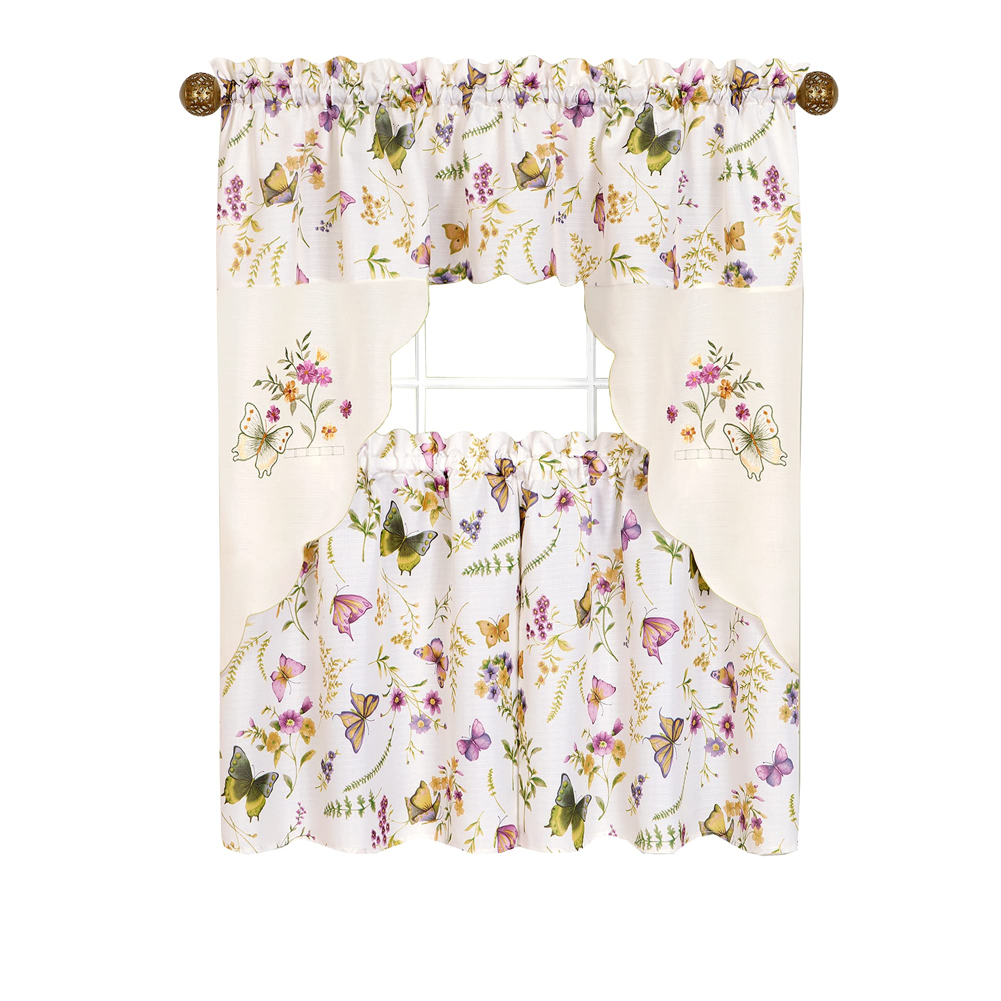 Floral Butterfly Window Curtains Set of 3 - Tier Panels & Swag Valance for Kitchen, Living Room, Cafe - 58