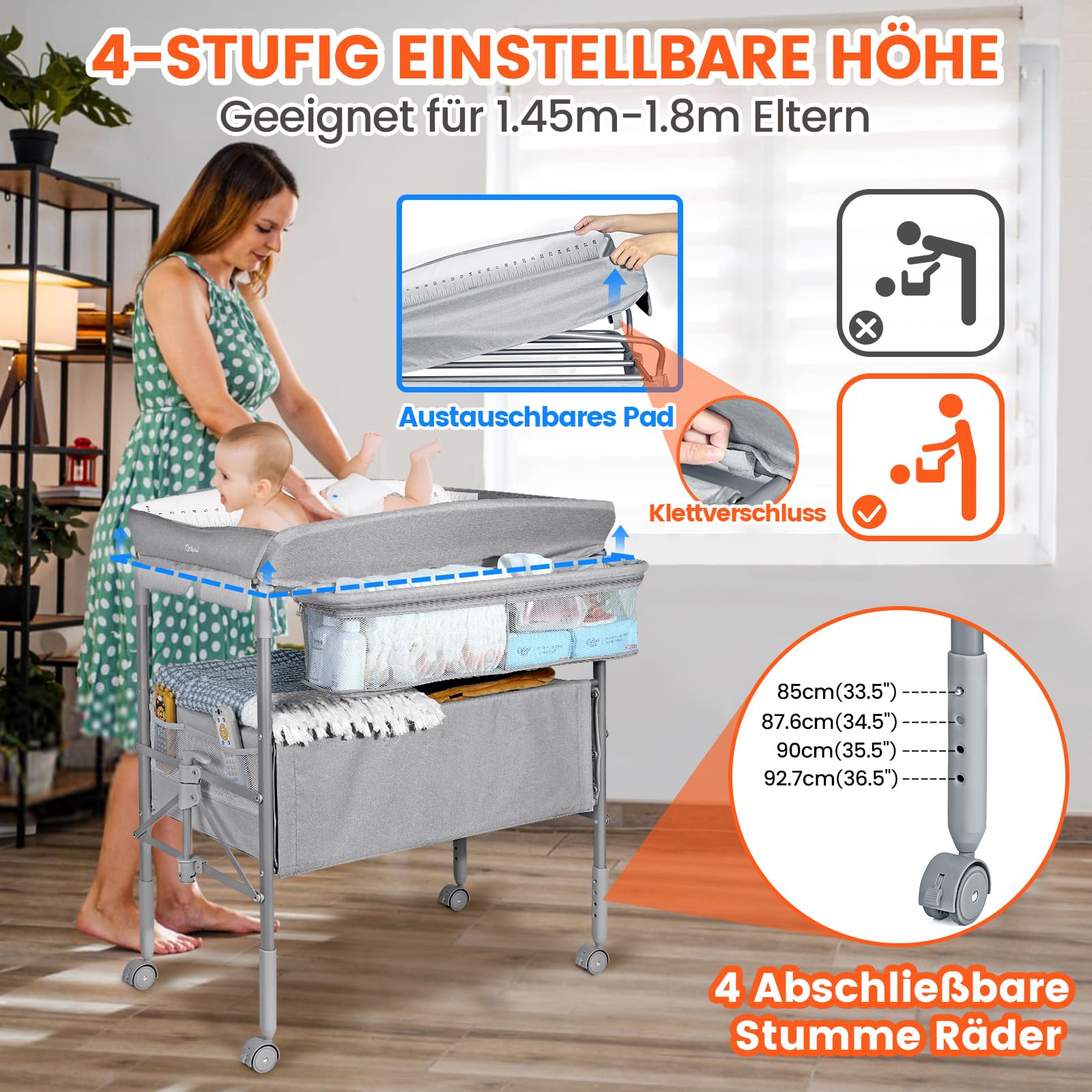 Portable Baby Changing Table with Drawers & Night Light - Adjustable Height, Foldable Design with Safety Strap - Spacious Storage for Nursery, Gray - Perfect for Diaper Changes & Late-Night Care